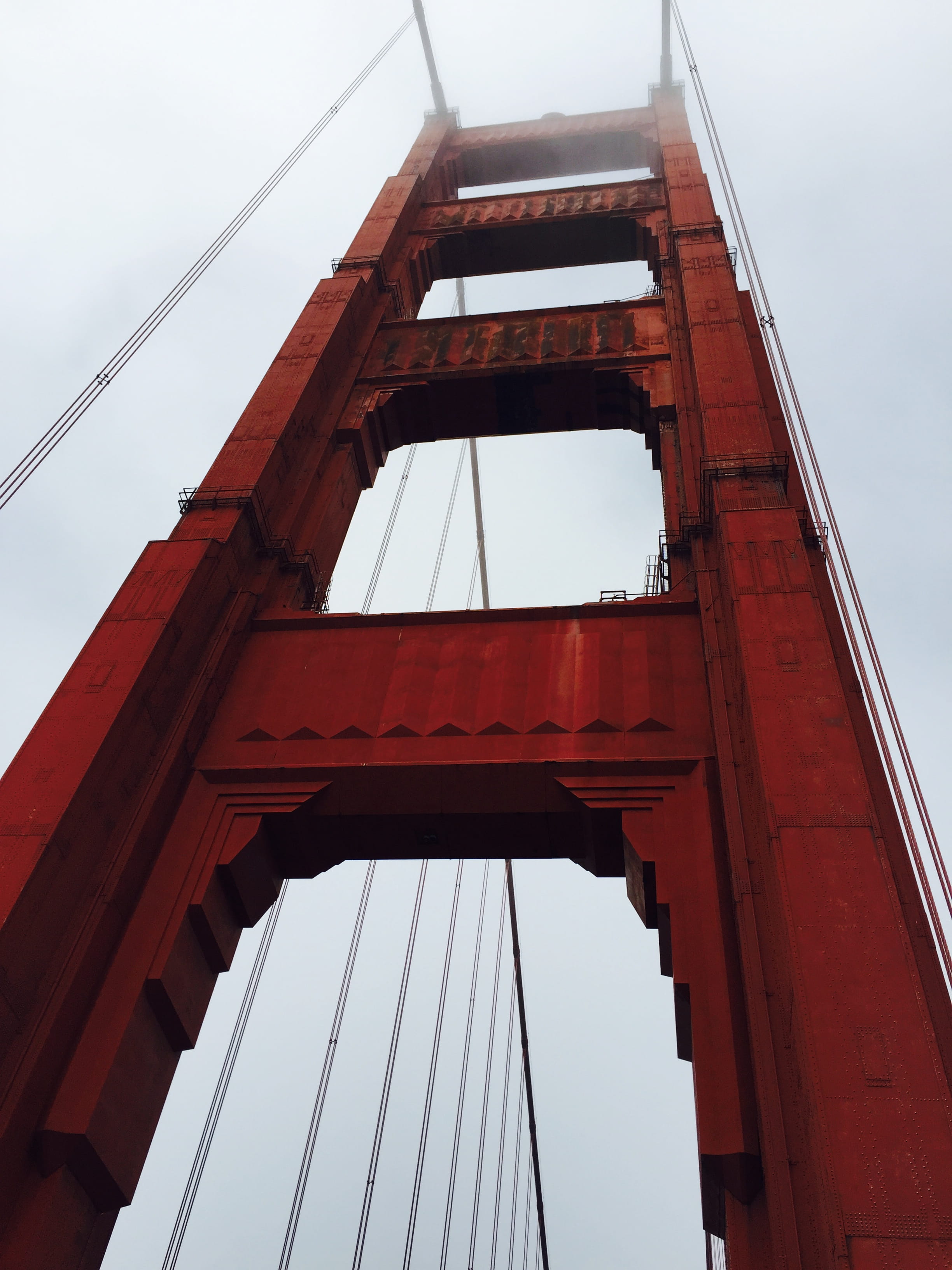 red, united states, architecture, suspension bridge, bridge, connection, foggy, golden gate bridge, cable, low angle view, built structure, city, fog, san francisco, Phone HD Wallpaper