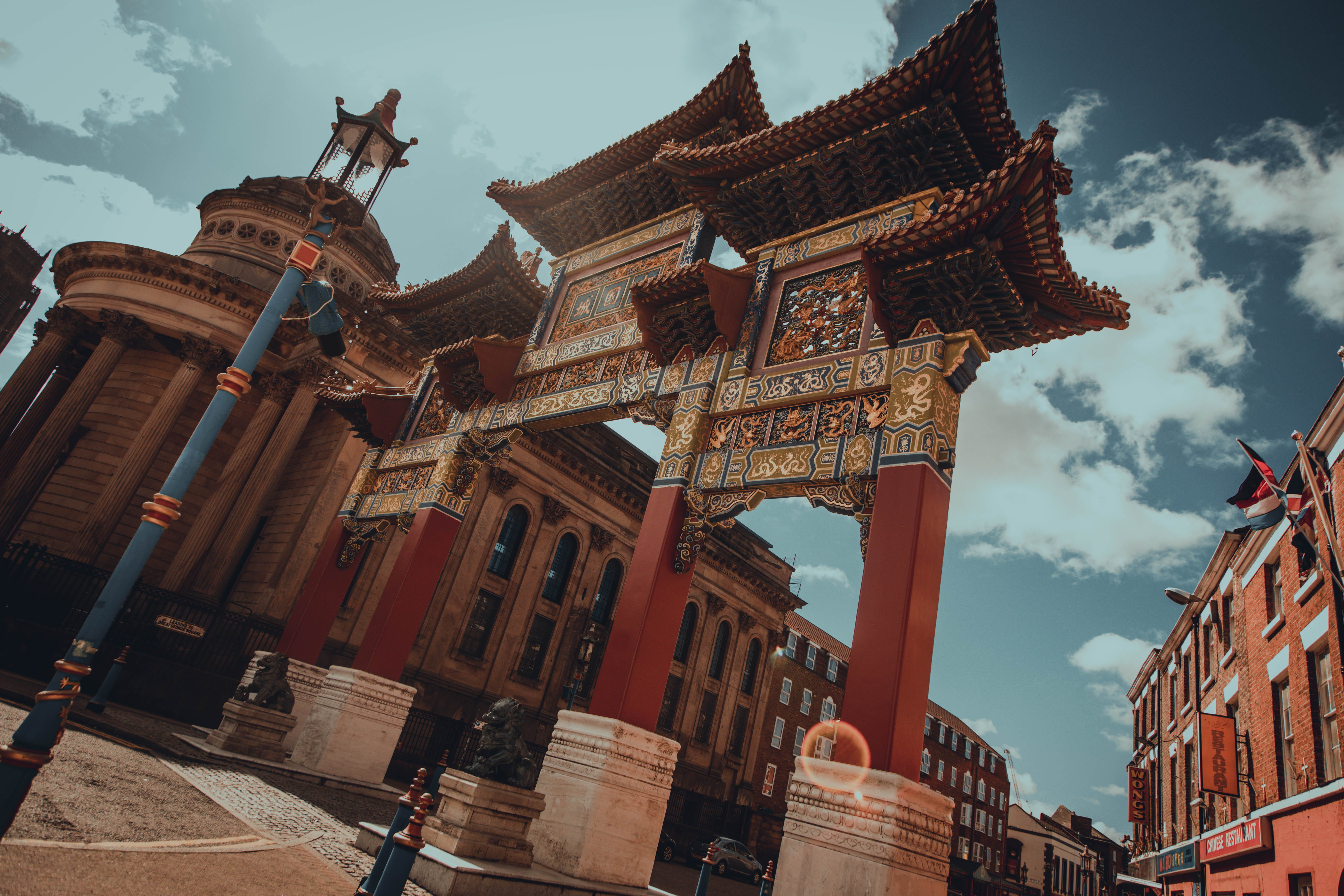 summer, building, nature, low angle view, ornate, spirituality, no people, sky, orange, outdoors, travel, gate, china town, architecture, building exterior, HD Wallpaper