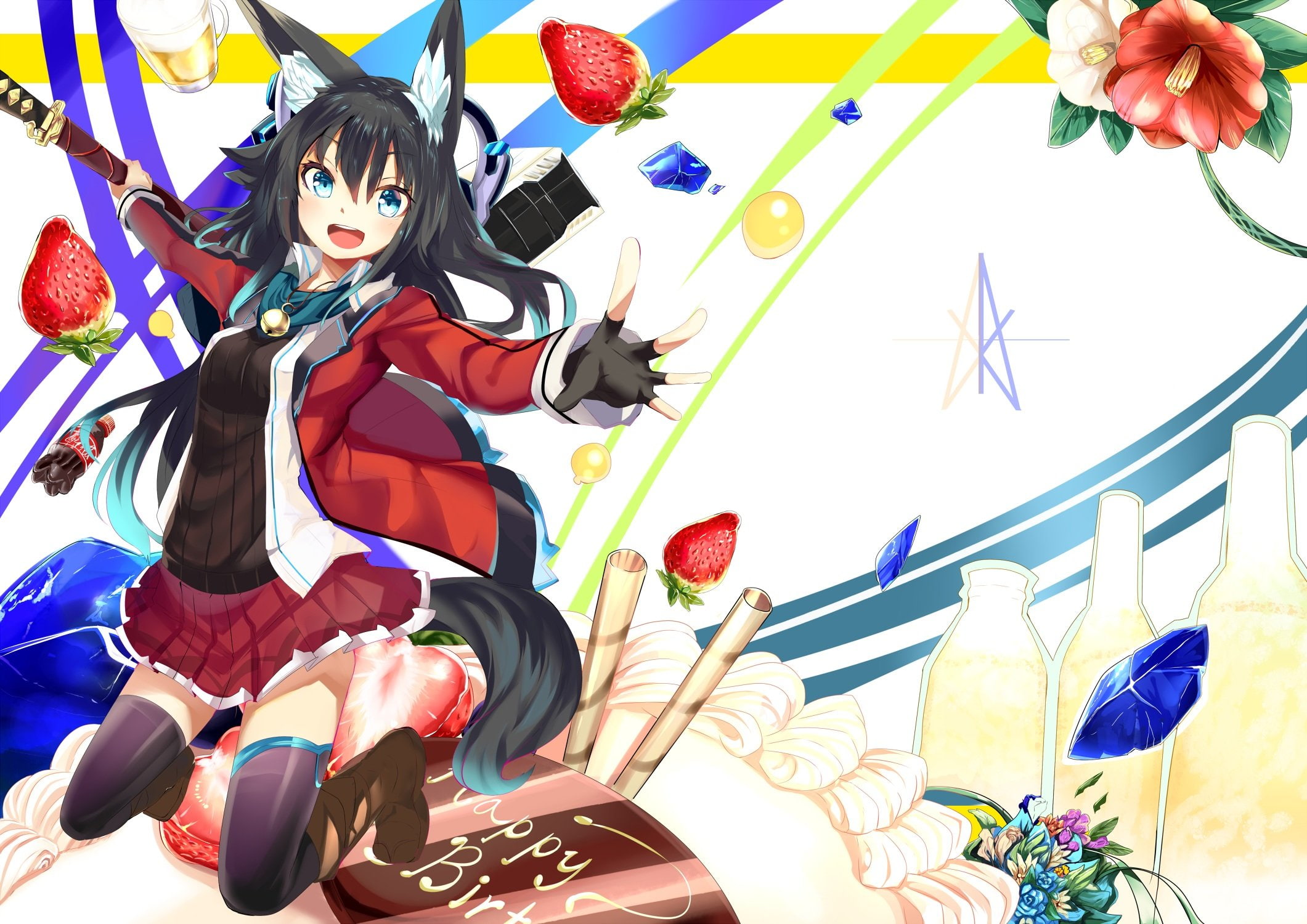 animal, kitsune, ears, 1080P, sword, haik, thighhighs, anime, tail, headphones, HD Wallpaper