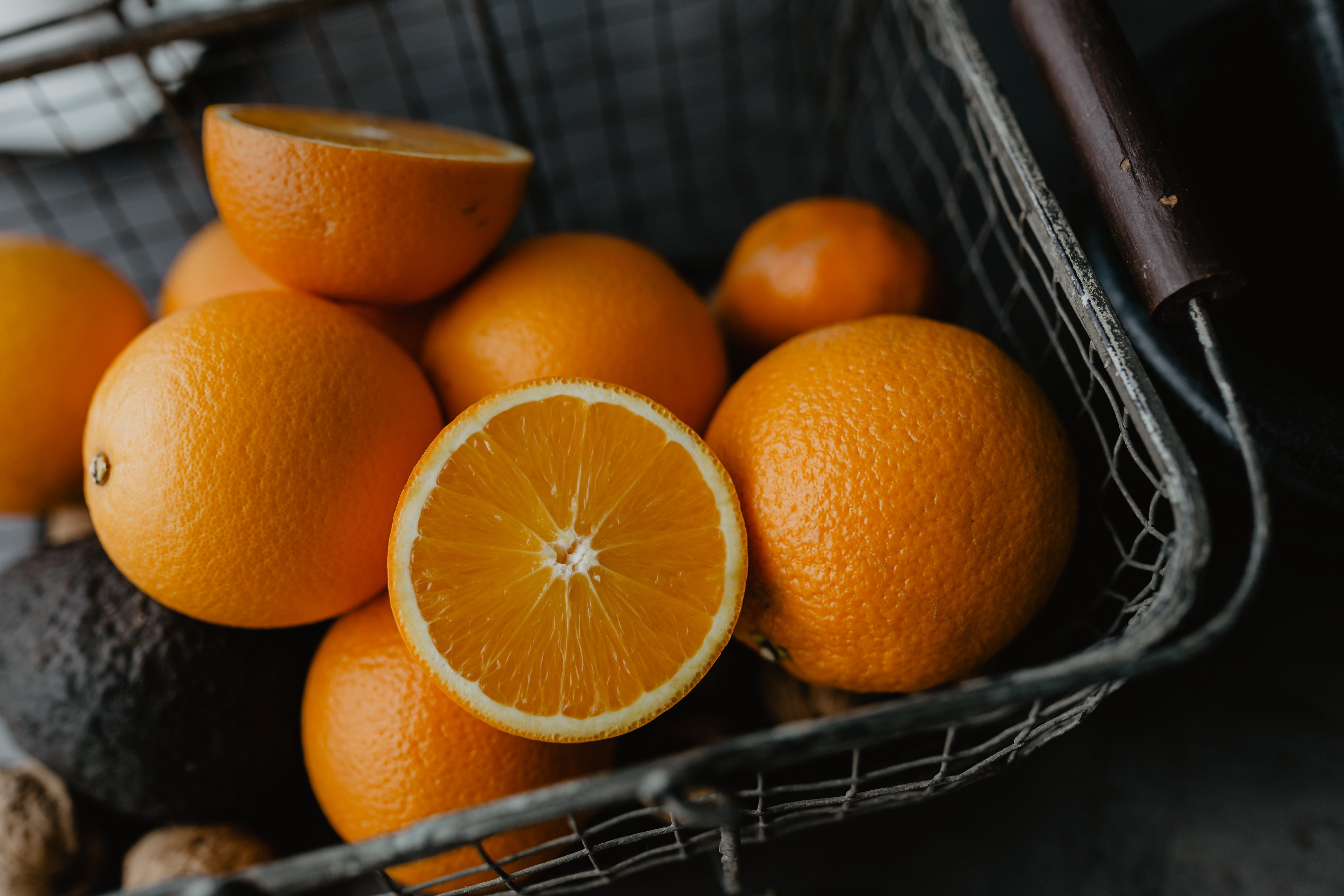 healthy eating, vitamin, group of objects, indoors, fruit, large group of objects, tangerine, drink, close-up, basket, ripe, orange color, wellbeing, 4K, HD Wallpaper