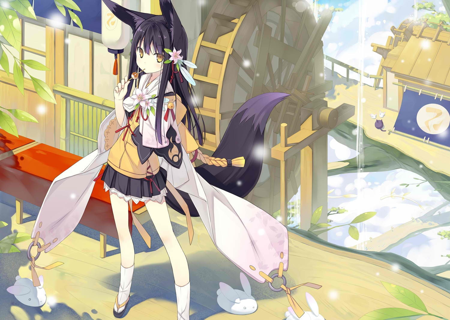 hair, ears, long, skirts, food, eyes, art, yellow, hd, tails, f, flowers, bunnies, architecture, 720P, houses, animal, socks, brunettes, kitsune, HD Wallpaper