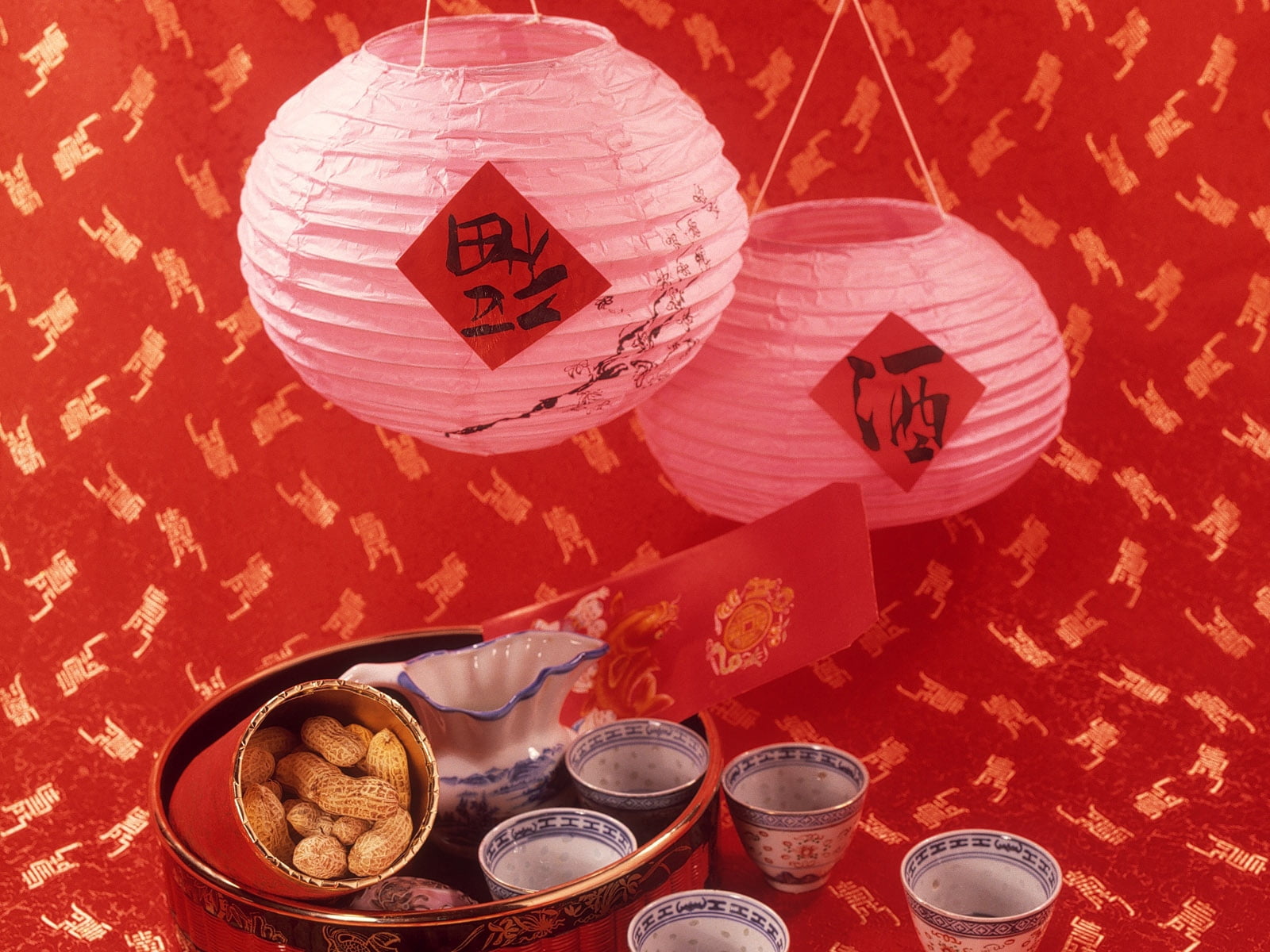 drink, snack, red, festival, 720P, table, pink, food, text, paper, lanterns, communication, sweet food, cups, two, container, characters, high angle view, HD Wallpaper