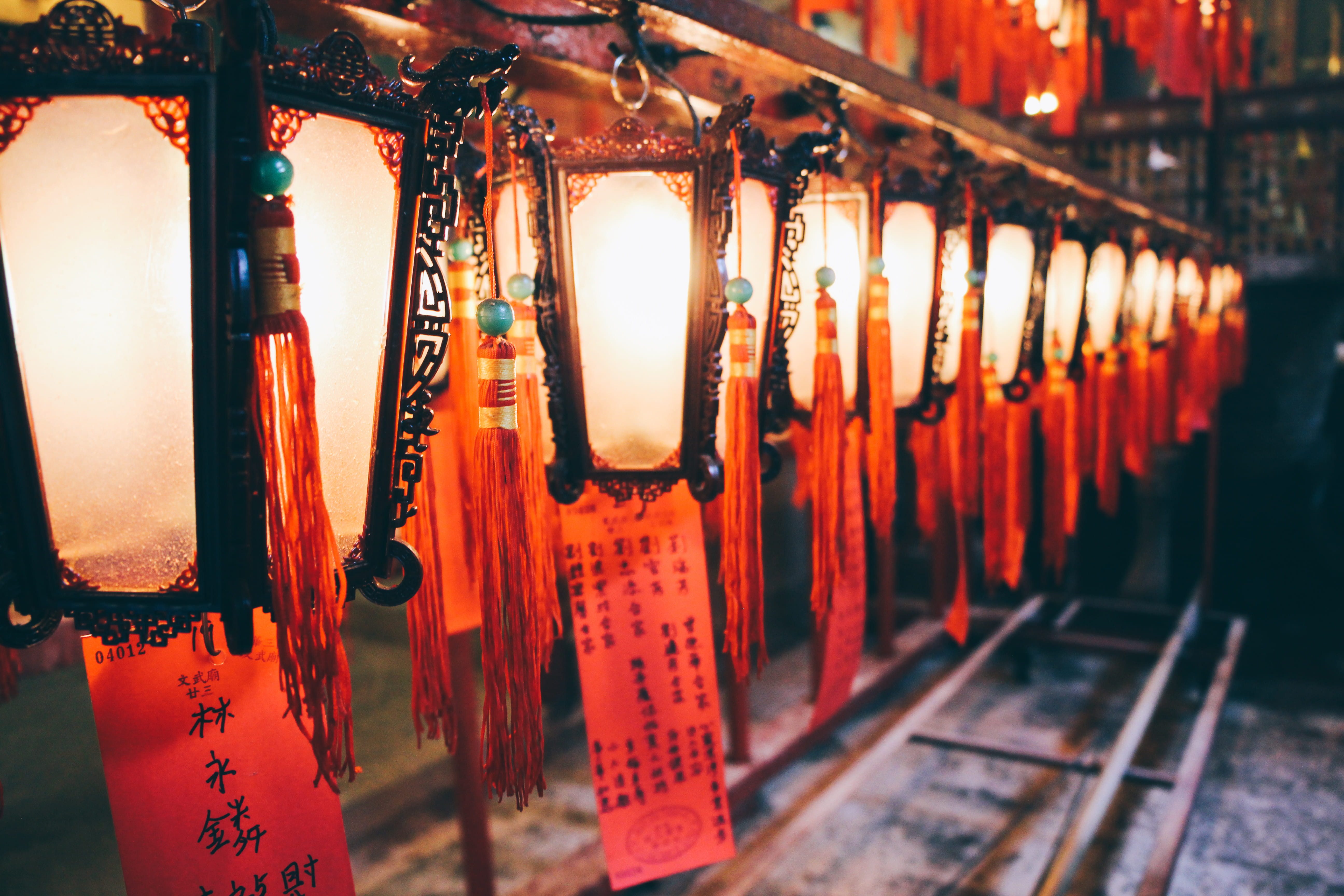 large group of objects, spirituality, place of worship, text, illuminated, tassel, paper lantern, communication, 5K, no people, script, in a row, man mo temple, HD Wallpaper