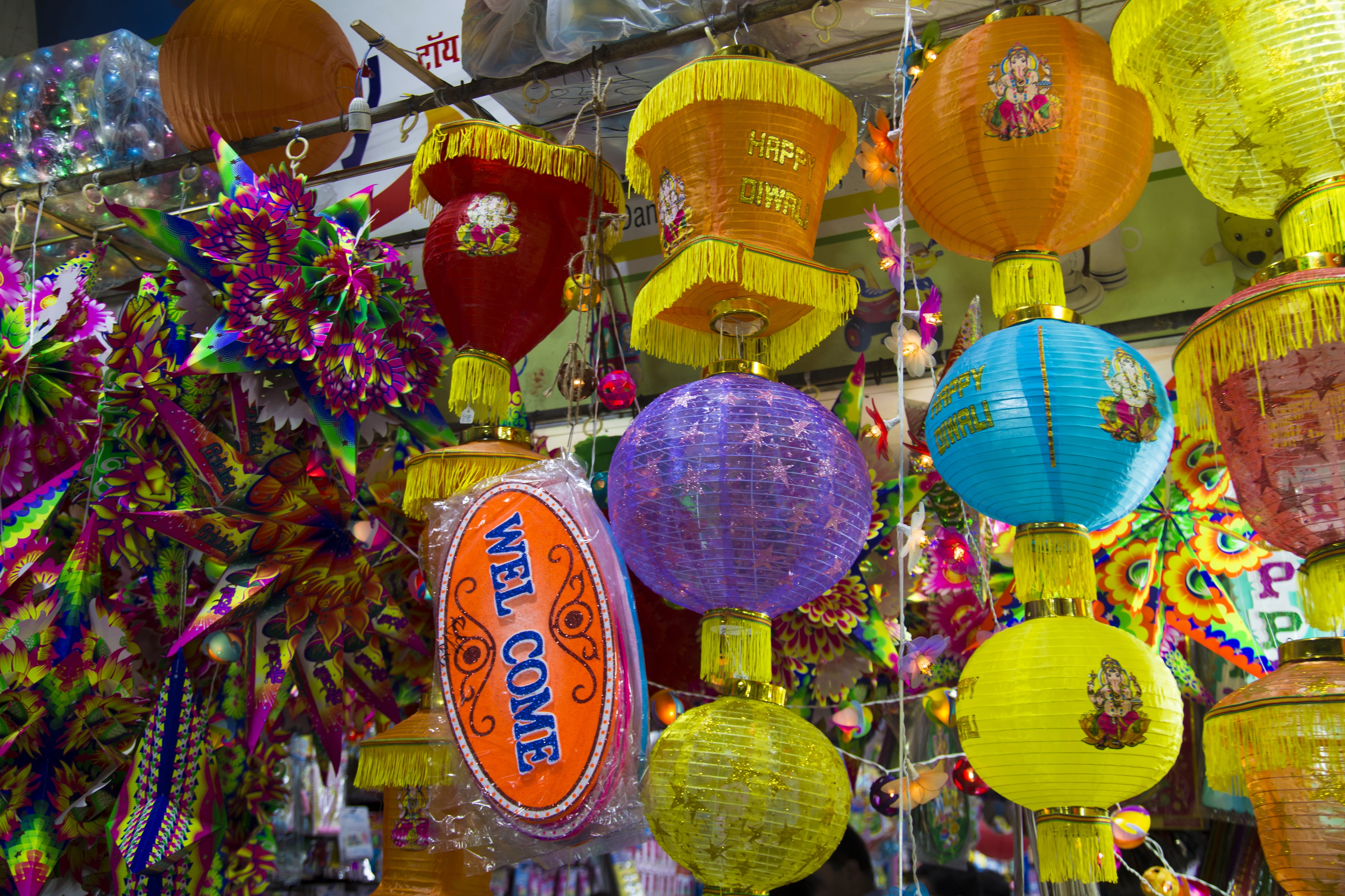 non-western script, low angle view, diwali, lighting equipment, celebration, decoration, chinese lantern, day, event, celebrations, large group of objects, HD Wallpaper