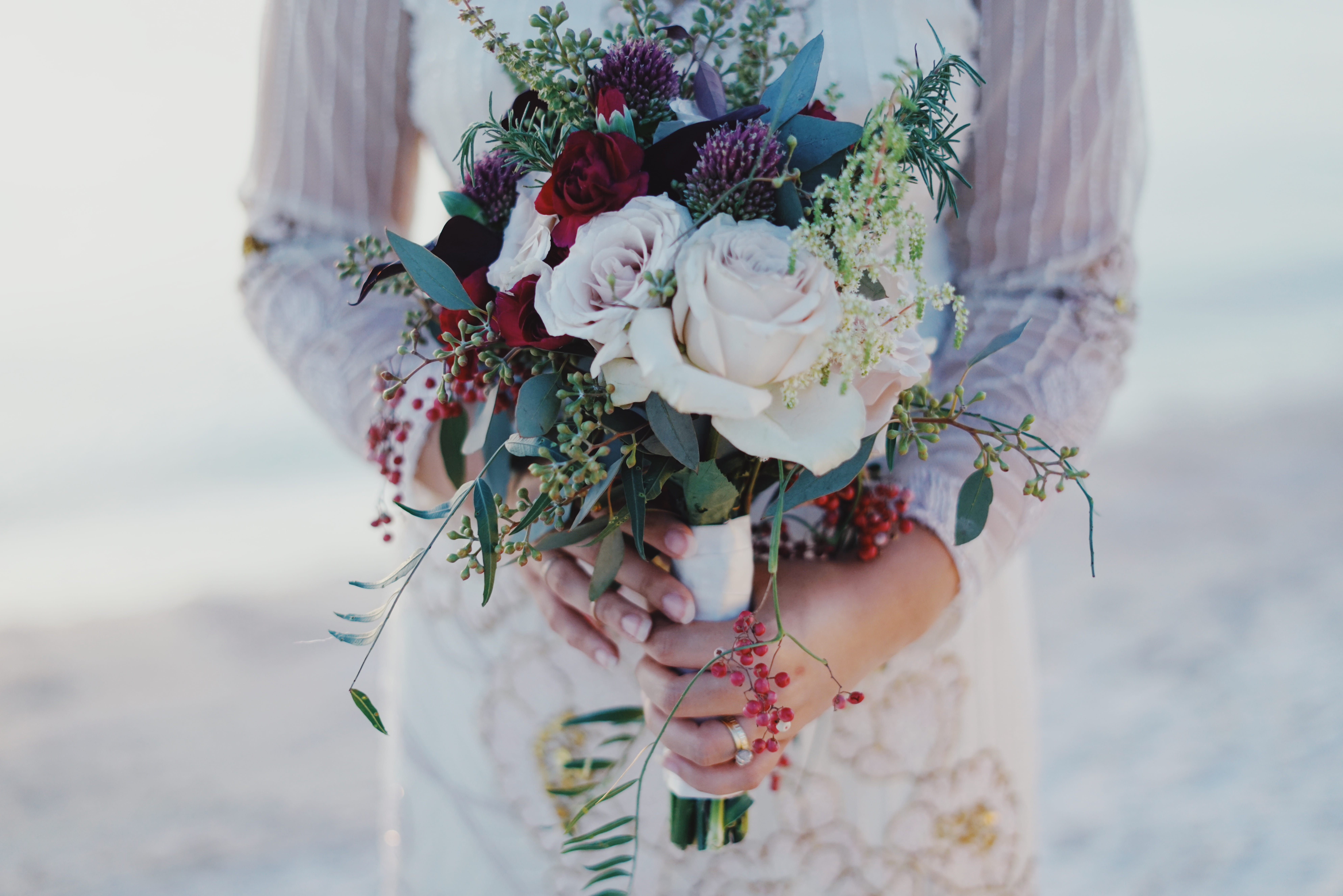 bridal, nature, roses, summer, petals, wedding ceremony, hands, women, close-up, red, white, flowering plant, newlywed, engagement, romance, wedding, 8K, HD Wallpaper