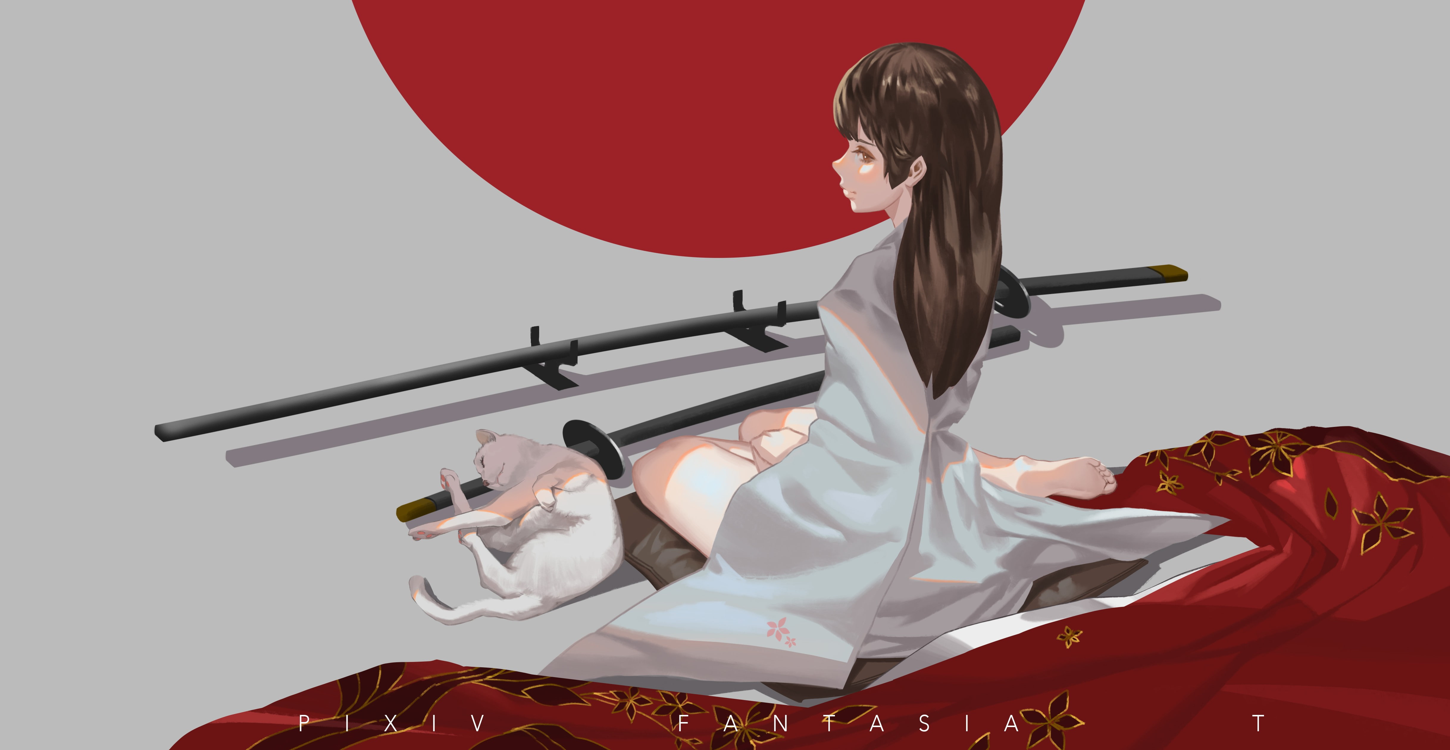 original characters, Japanese clothes, anime girls, 4K, katana, cat, HD Wallpaper
