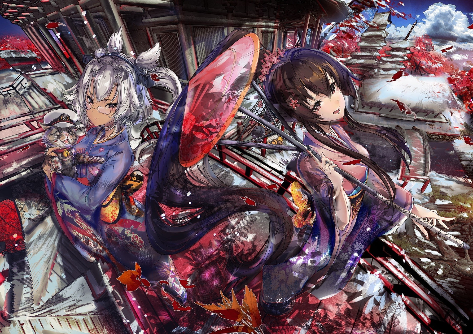 kimono, Anime Girls, Anthropomorphism, Yamato (KanColle), Musashi (KanColle), Japanese Umbrella, Kantai Collection, Japanese Clothes, cat, Glasses, anime, HD Wallpaper