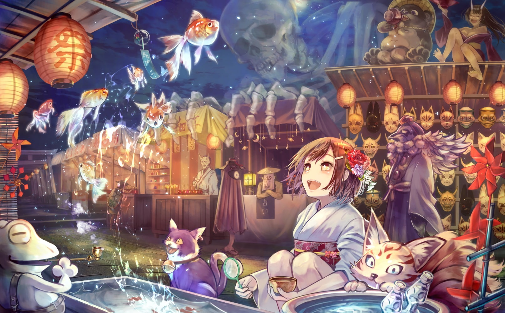 cat, bones, brat, mask, frog, konachan, skull, bell, smoking, japanese, kimono, water, 262267, animal, com, fish, original, 720P, clothes, festival, HD Wallpaper