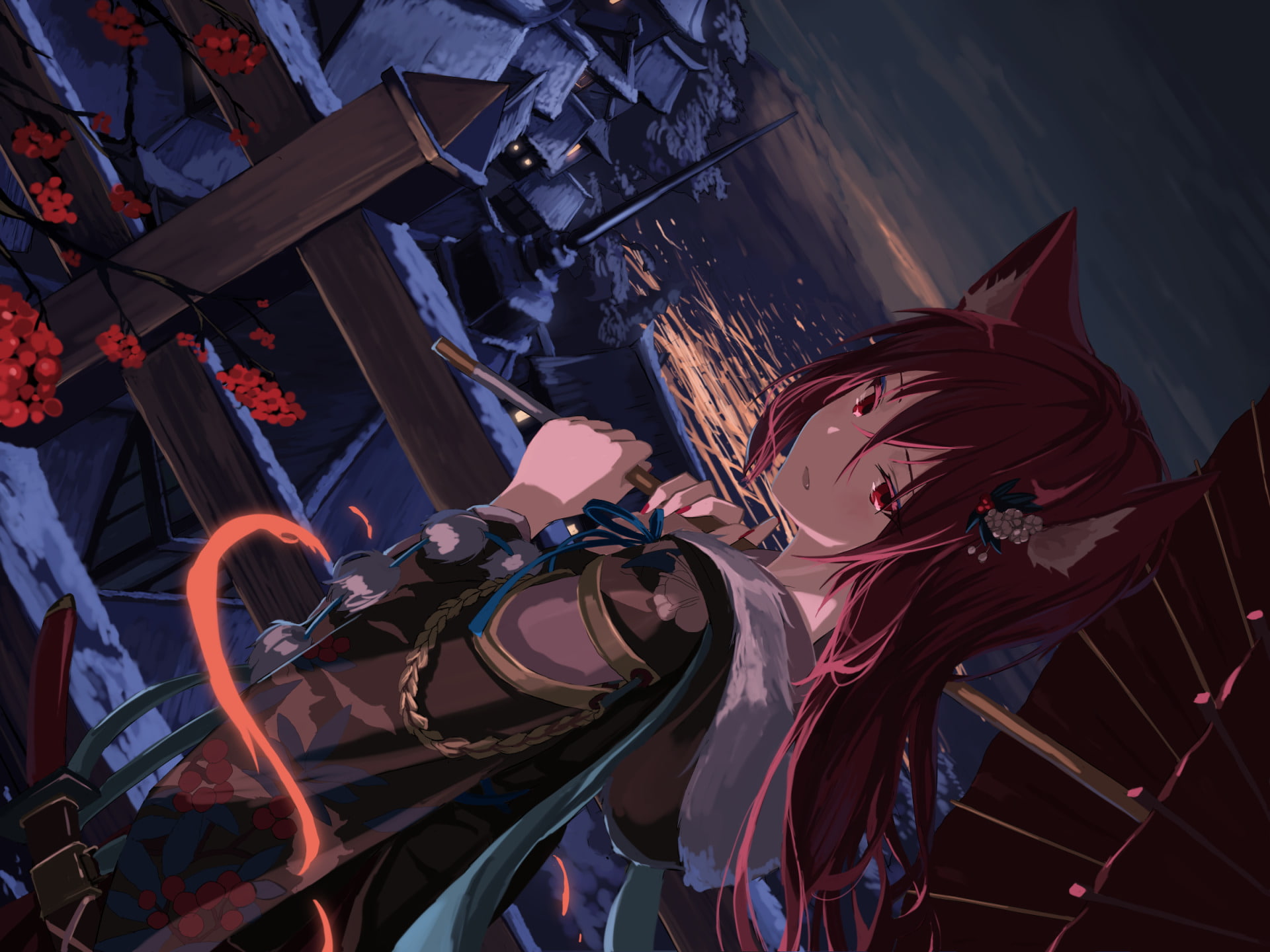 low angle view, Building, no people, illuminated, nature, Umbrella, Sword, representation, 1080P, creativity, Red Eyes, art and craft, Red Hair, Weapon, HD Wallpaper