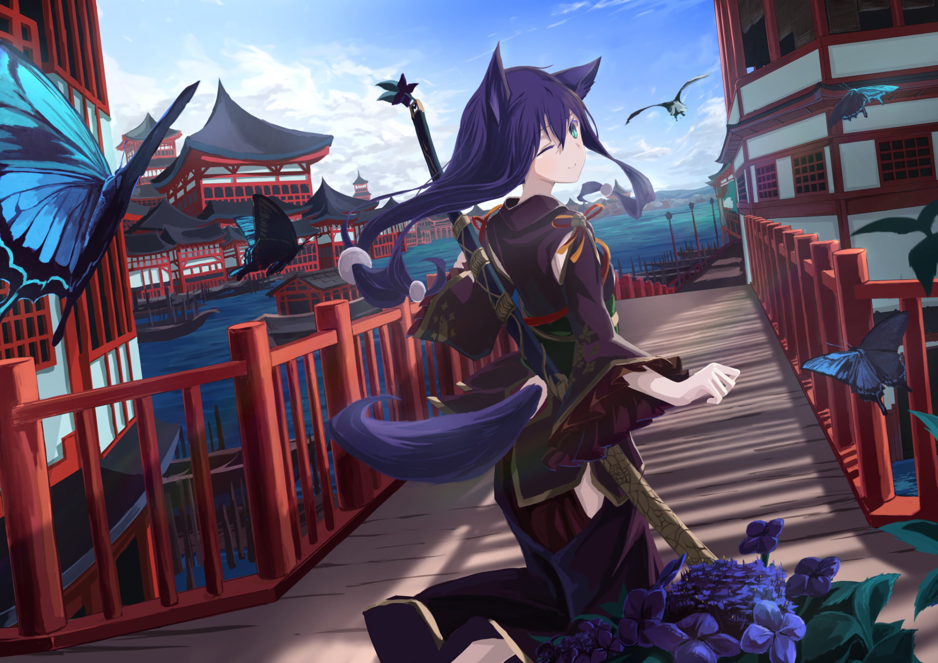Japanese Clothes, 1080P, Blue Eyes, Building, Long Hair, Butterfly, Original, Animal Ears, Bird, Anime, Cat Girl, Wink, Weapon, Tail, Purple Hair, Sword, HD Wallpaper
