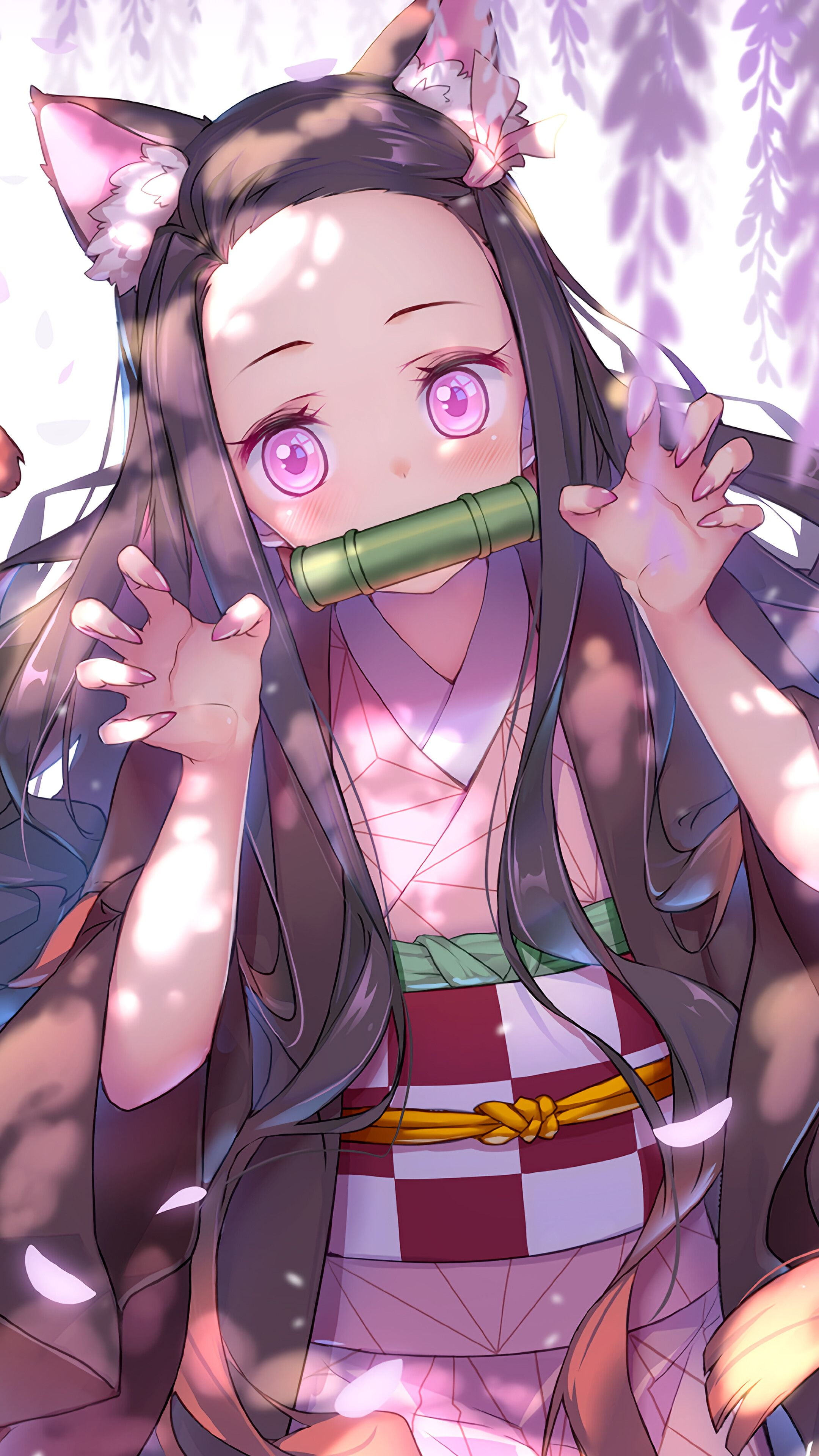 cat girl, Kimetsu no Yaiba, pink, black and orange hair, purple eyes, long hair, Japanese kimono, 4K, Phone HD Wallpaper
