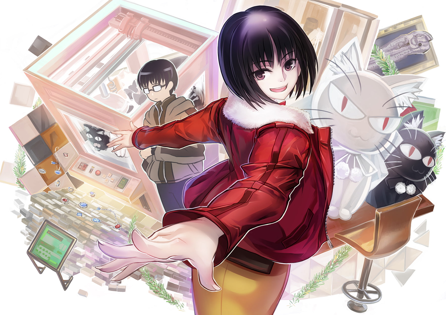 short, kara, 720P, clothes, kimono, eyes, kokutou, cat, black, shiki, mikiya, hair, ryougi, glasses, animal, kyoukai, japanese, brown, todee, HD Wallpaper