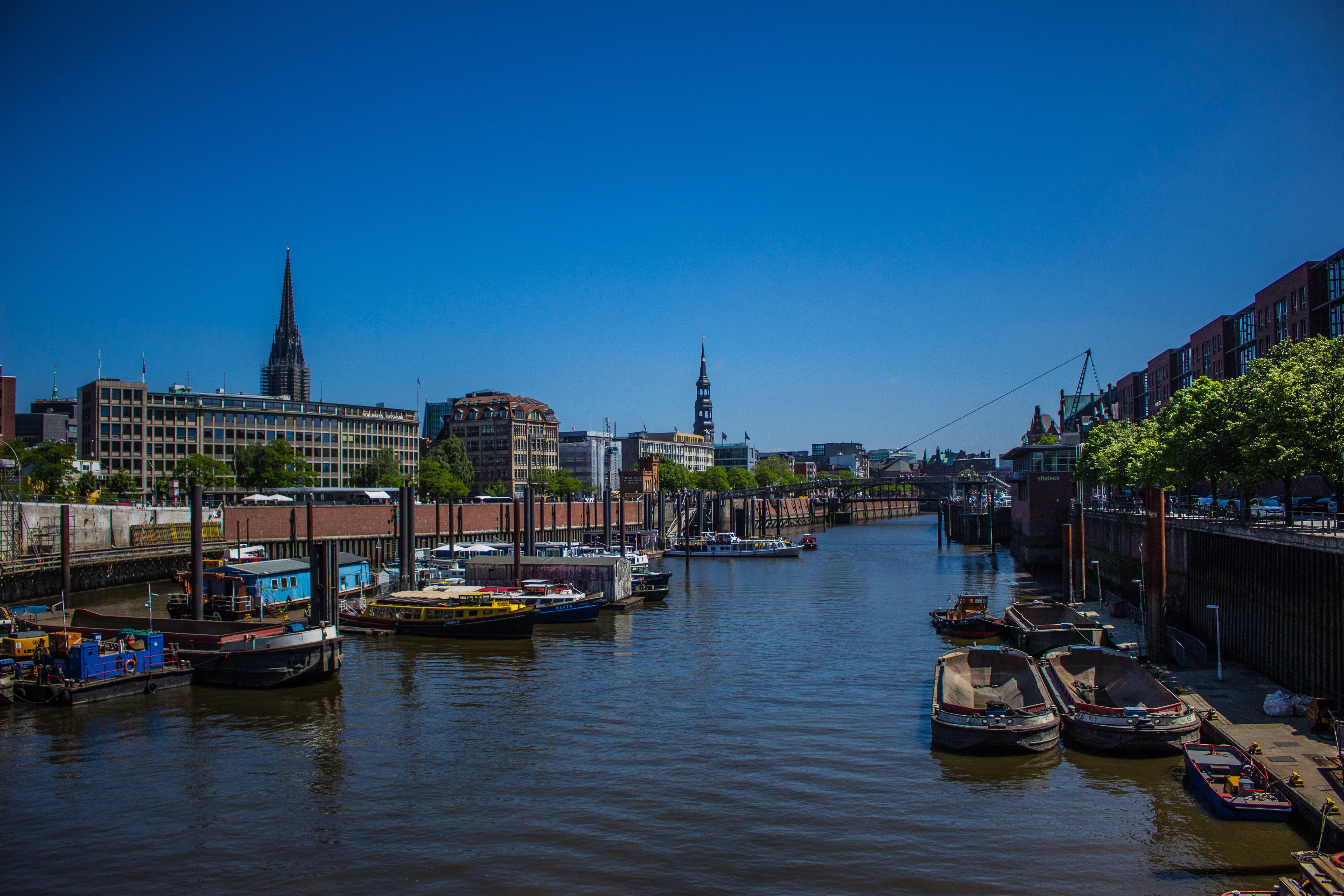 nature, harbor, water, building, Speicherstadt, sailboat, nautical vessel, waterfront, transportation, sky, 5K, cityscape, travel destinations, building exterior, HD Wallpaper