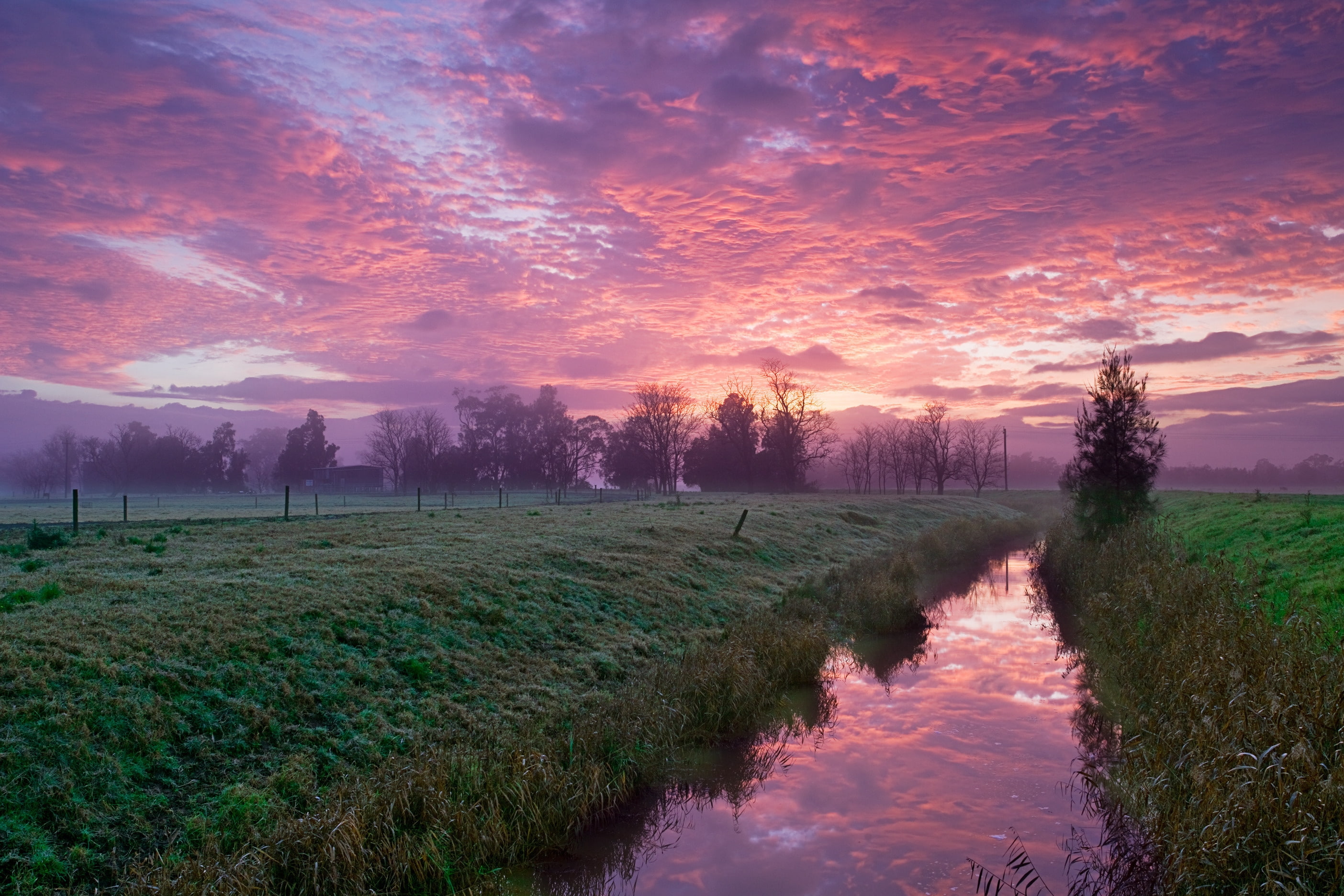 2K, fence, river, channel, morning, fields, HD Wallpaper