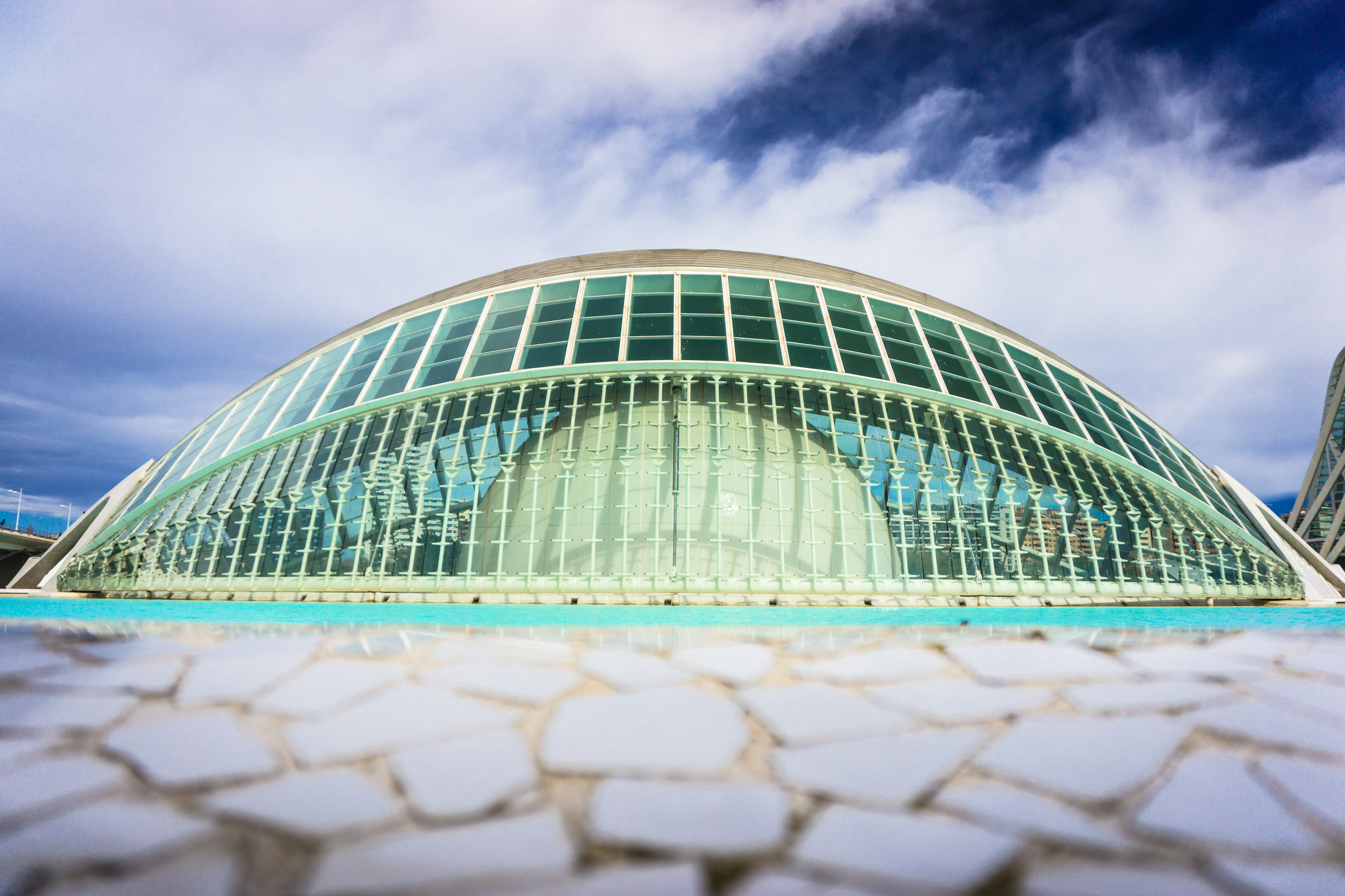 low angle view, cloud - sky, sky, building exterior, city of arts and sciences, blue, spain, city, green, skyscraper, glass - material, tourism, no people, HD Wallpaper