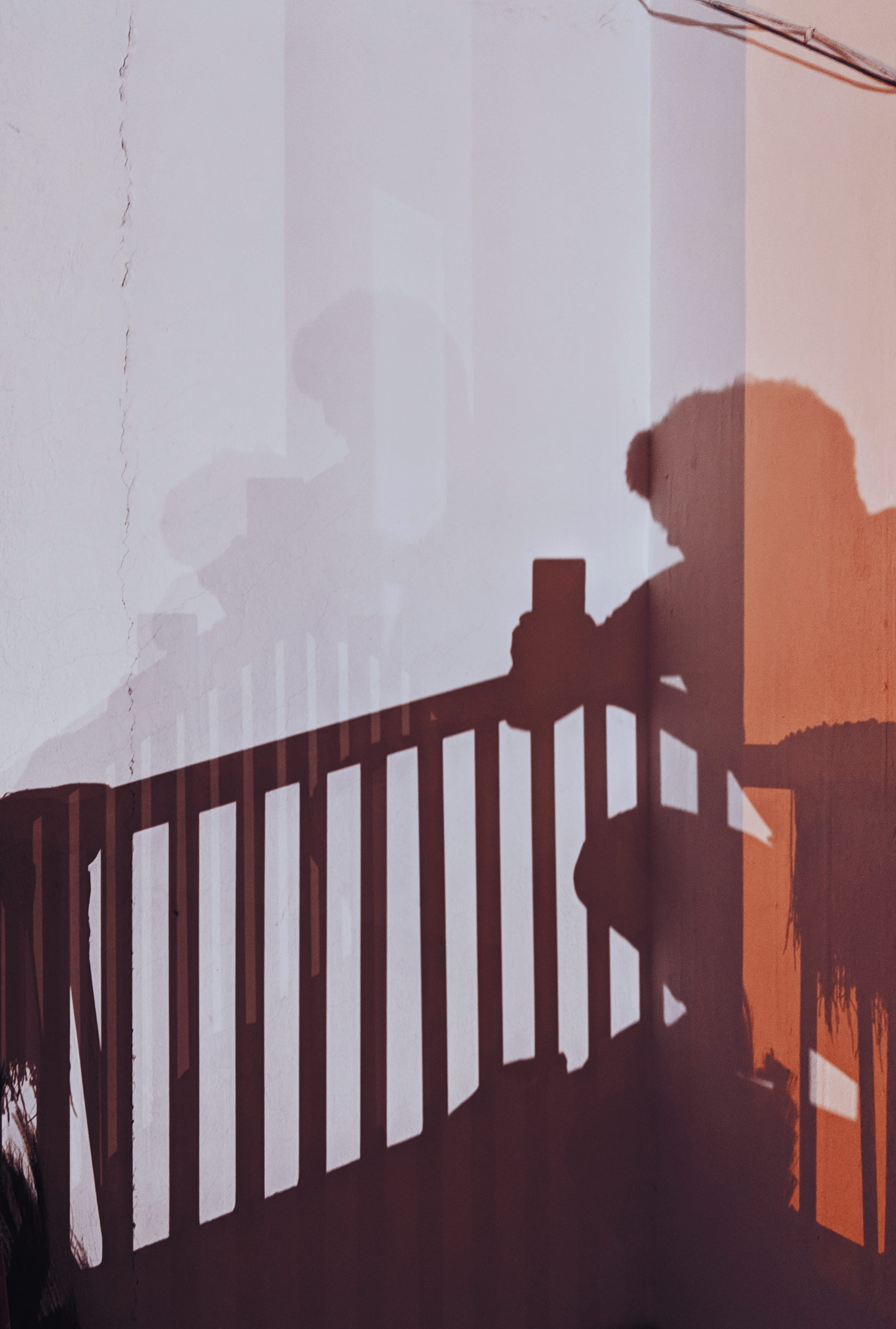 railing, painting, wood, shadow, floor, crib, day, sunlight, architecture, wood - material, flooring, 4K, banister, chair, wall, nature, light, outdoors, Phone HD Wallpaper