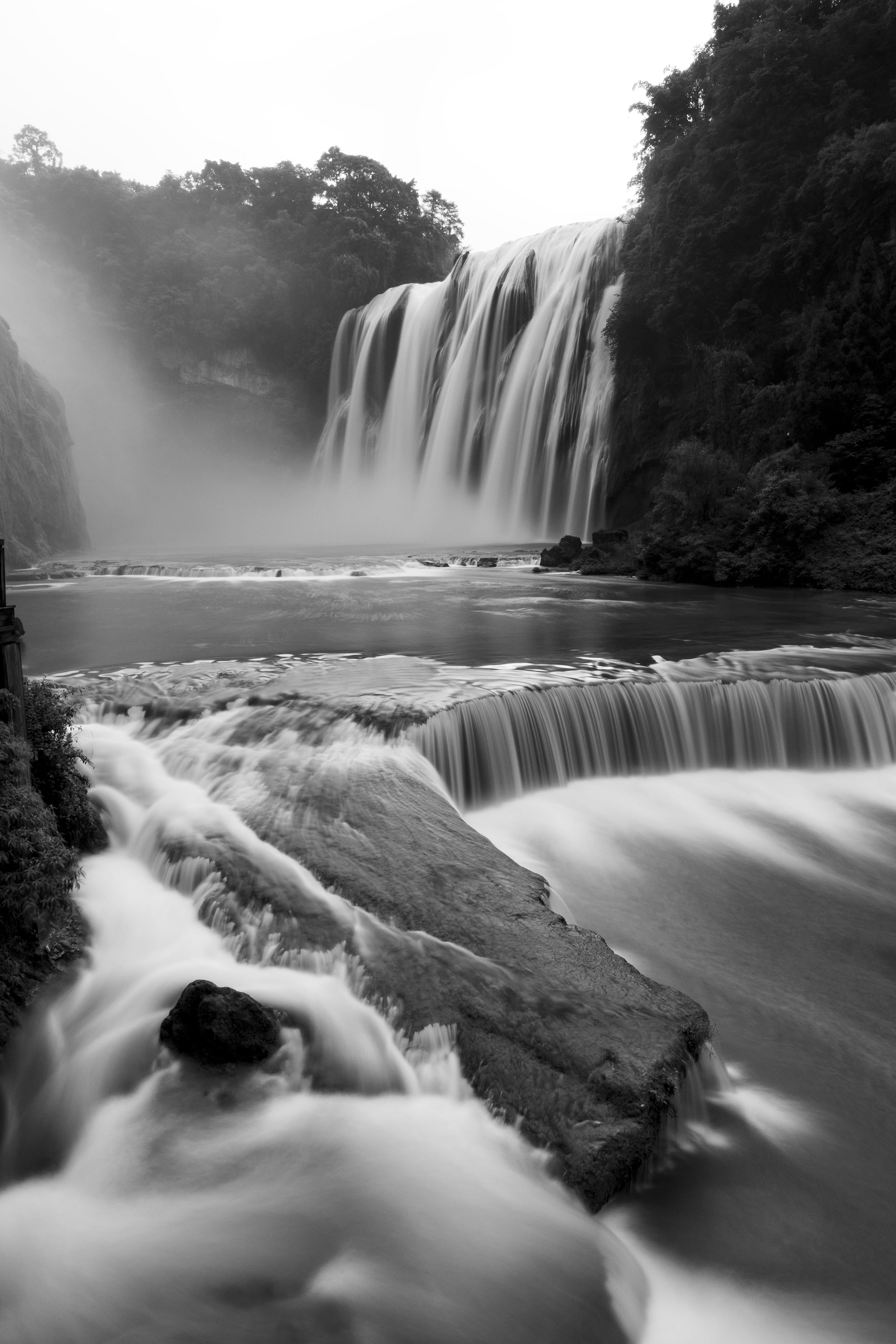 motion, travel destinations, grayscale, water, scenics - nature, outdoors, tree, power in nature, crypt, photography, huangguoshu waterfall, china, scenery, Phone HD Wallpaper
