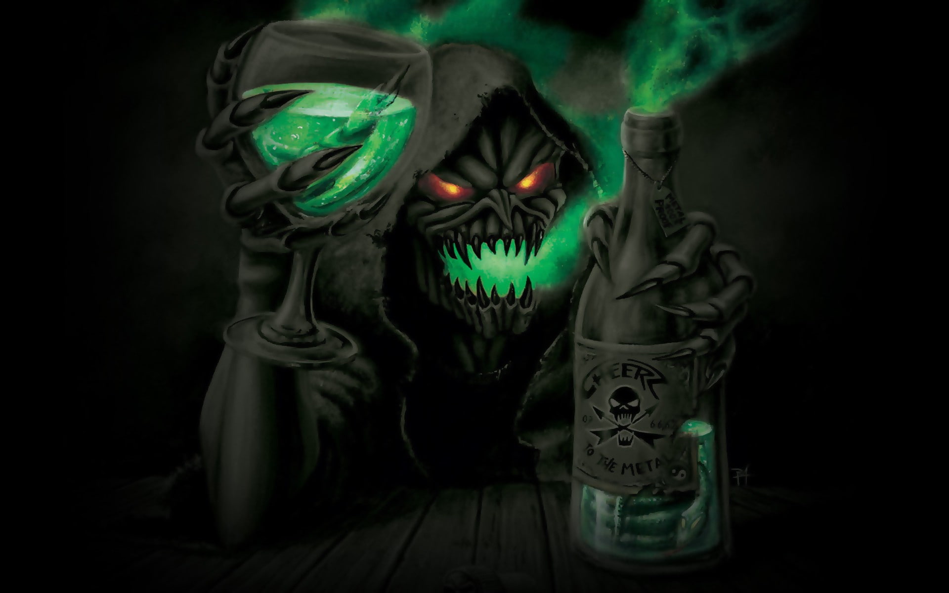 1080P, bottles, skeleton, skull, red eyes, Grim Reaper, death, glasses, digital art, HD Wallpaper