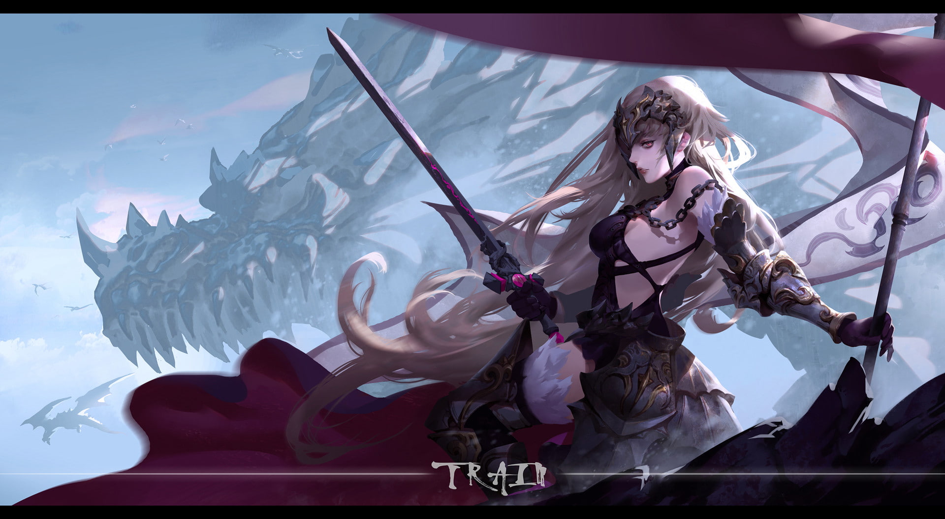 1080P, white hair  Avenger (FateGrand Order)  sword  FateGrand Order  red eyes  Jeanne darc alter  long hair  Fate Series  anime girls  armor  dragon  video, HD Wallpaper
