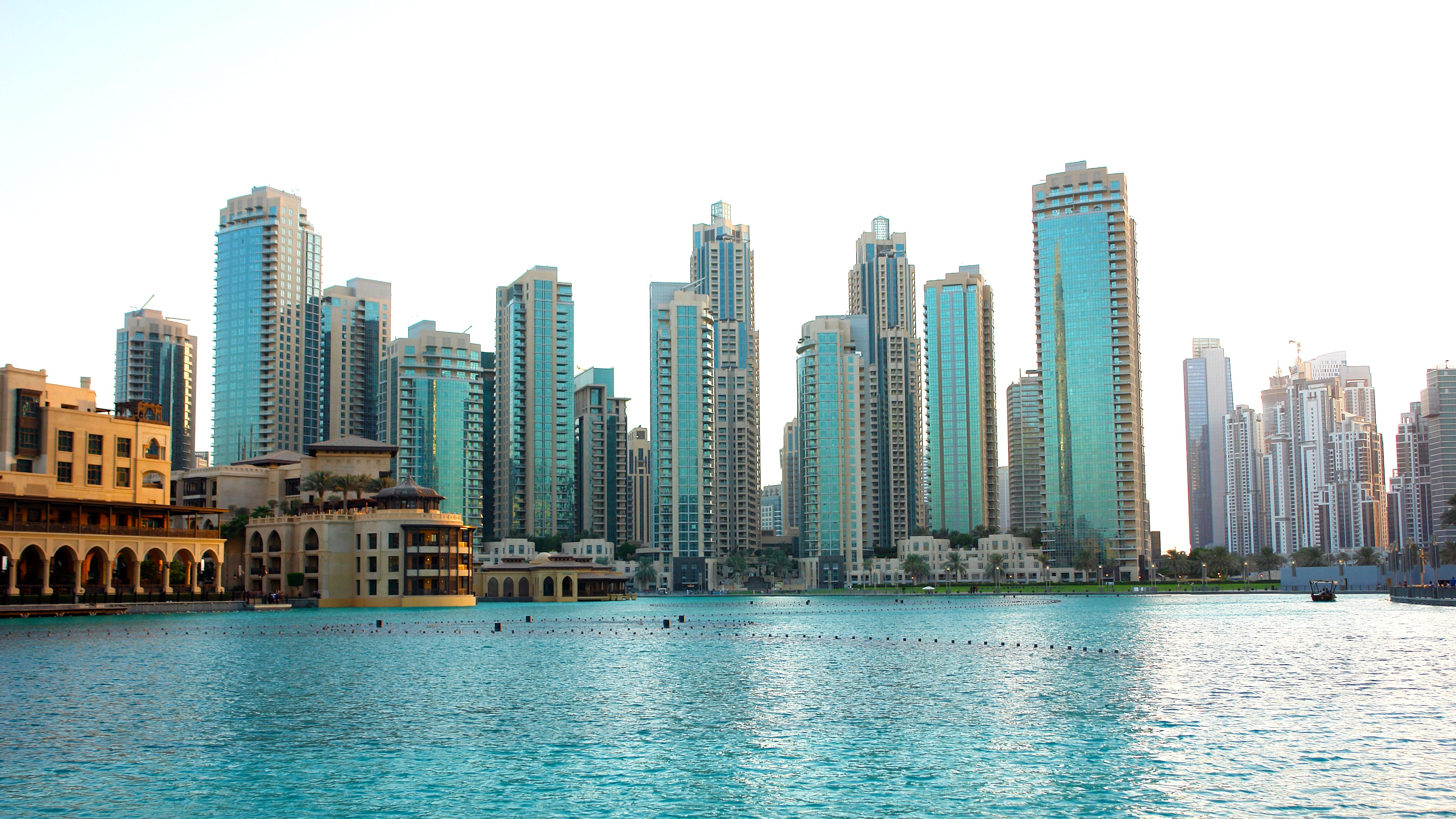 fountain, modern, downtown District, City, water, bay, skyscraper, cityscape, Skyscrapers, no people, built Structure, tall - high, urban Skyline, united Arab Emirates, HD Wallpaper