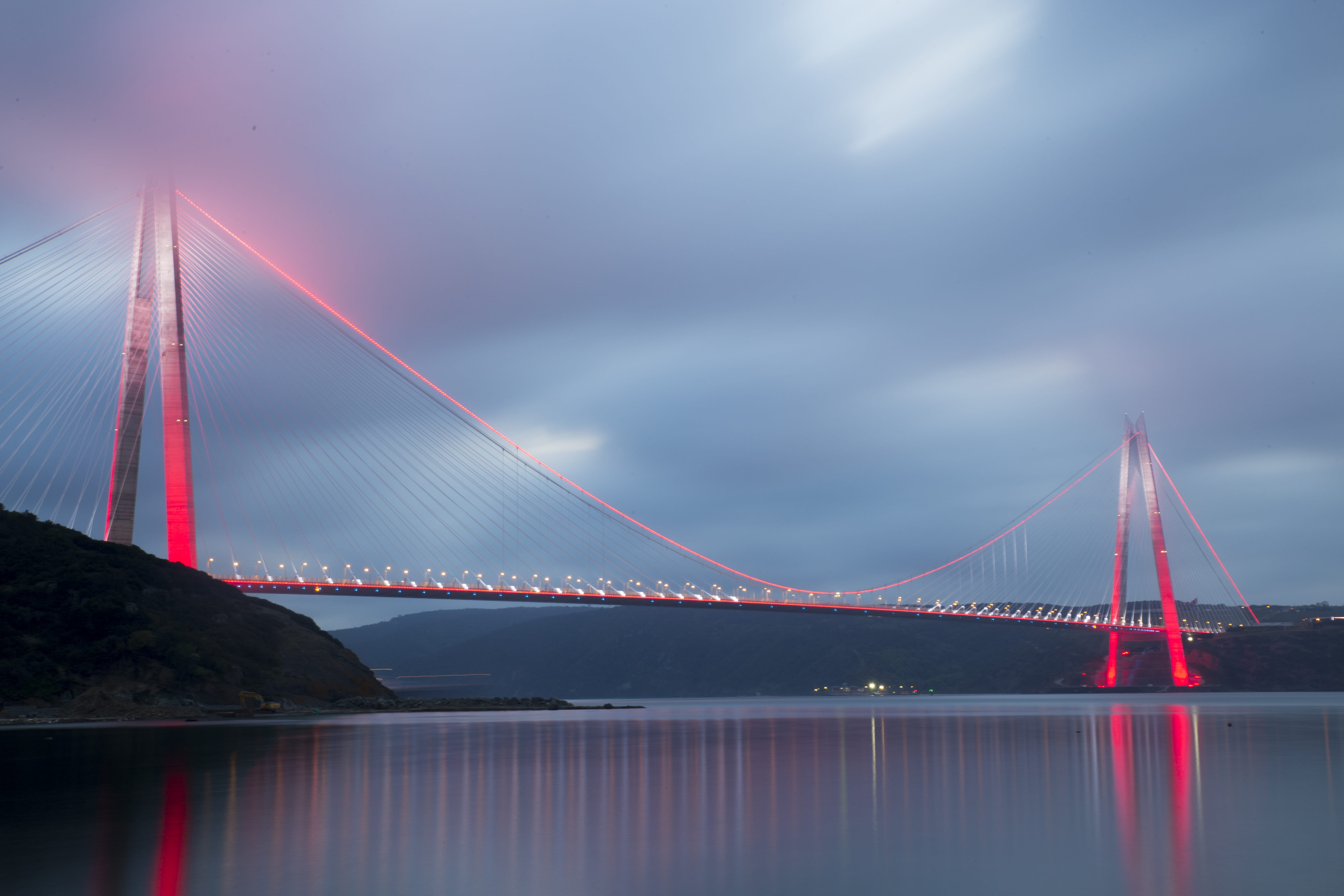 nature, gray, light, calm, concrete, engineering, sun down, cable-stayed bridge, istanbul, illuminated bridge, connection, built structure, town, transportation, HD Wallpaper