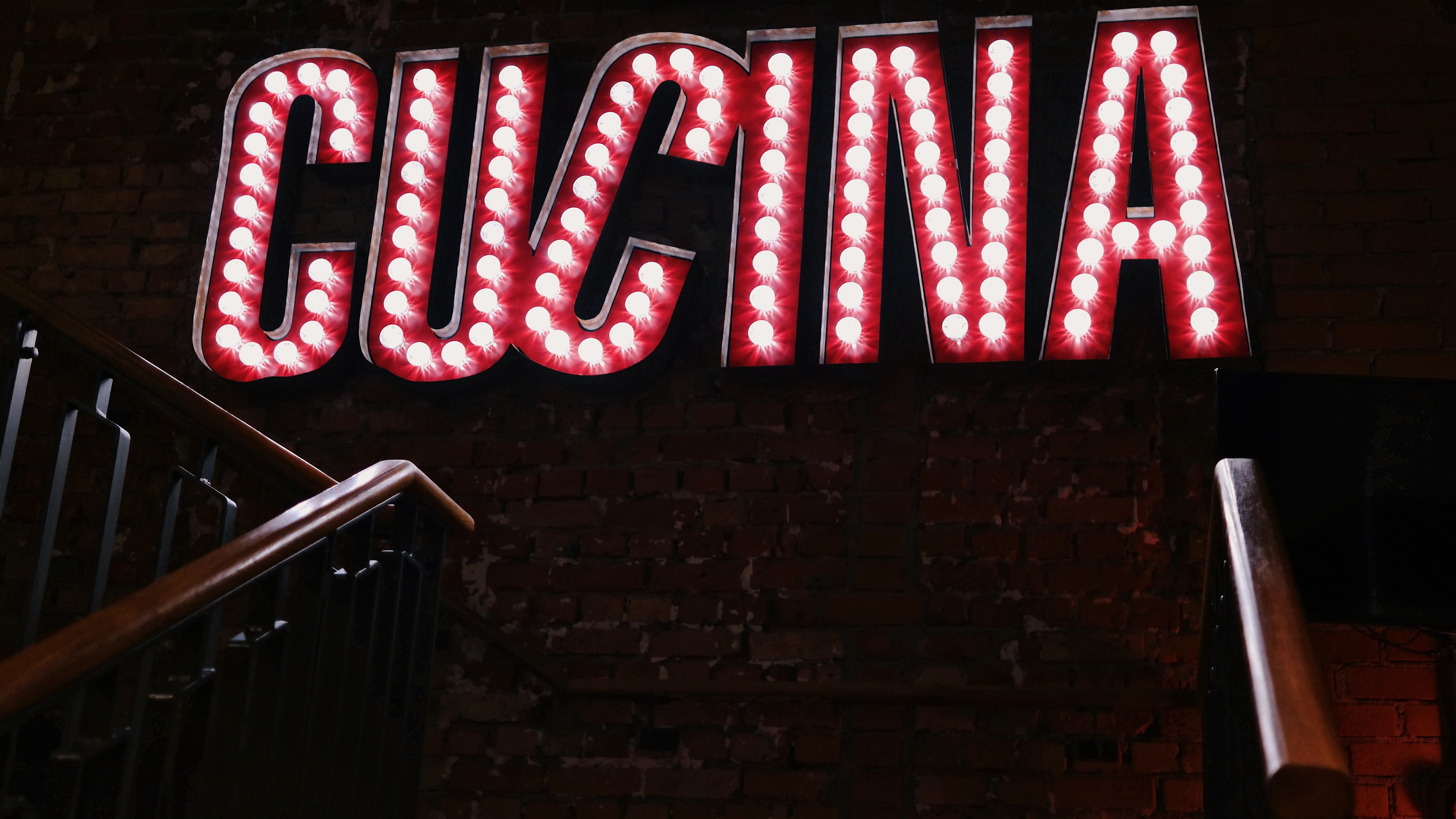 royalty  images, signage, commerce, 5K, sign, business, alphabet, dark, railing, staircase, neon lights, communication, capital letter, architecture, kitchen, HD Wallpaper