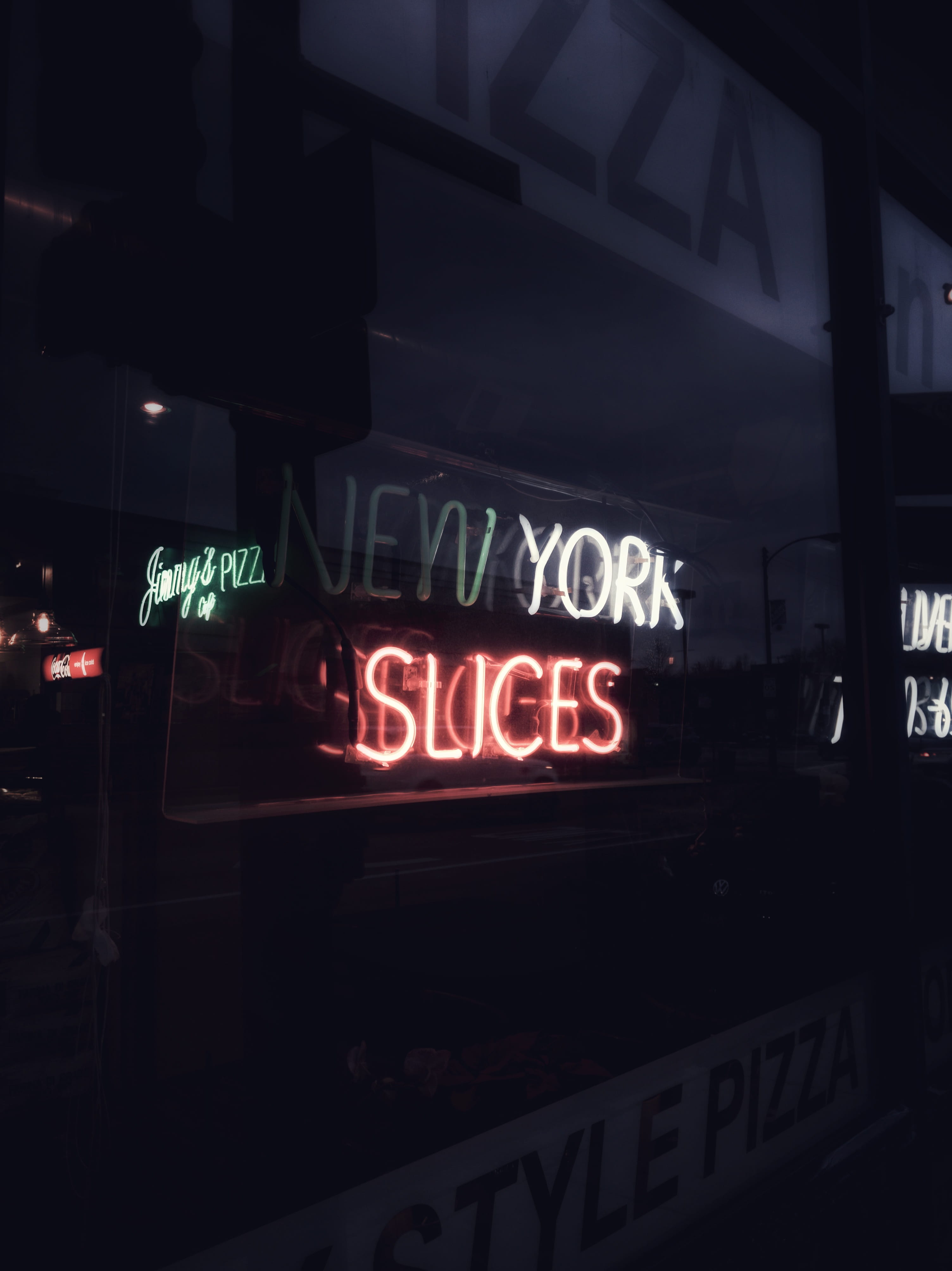 text, signs, building exterior, guidance, neon, information, western script, illuminated, capital letter, new york slice, united states, 4K, pizza, symbol, Phone HD Wallpaper