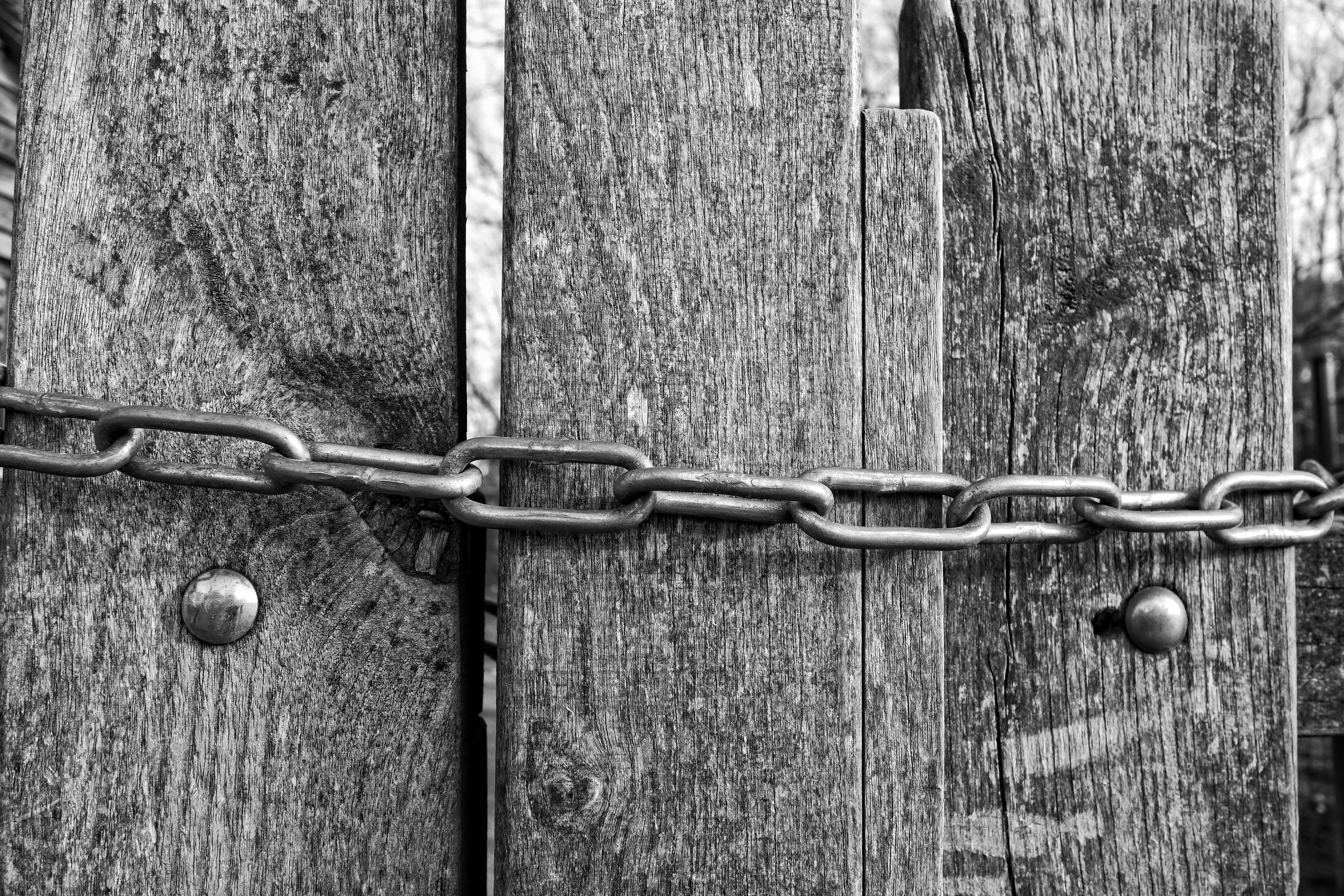 strength, tied up, security, barrier, close-up, no people, wooden fence, plank, wall - building feature, safety, rivet, 5K, boundary, chain, outdoors, HD Wallpaper