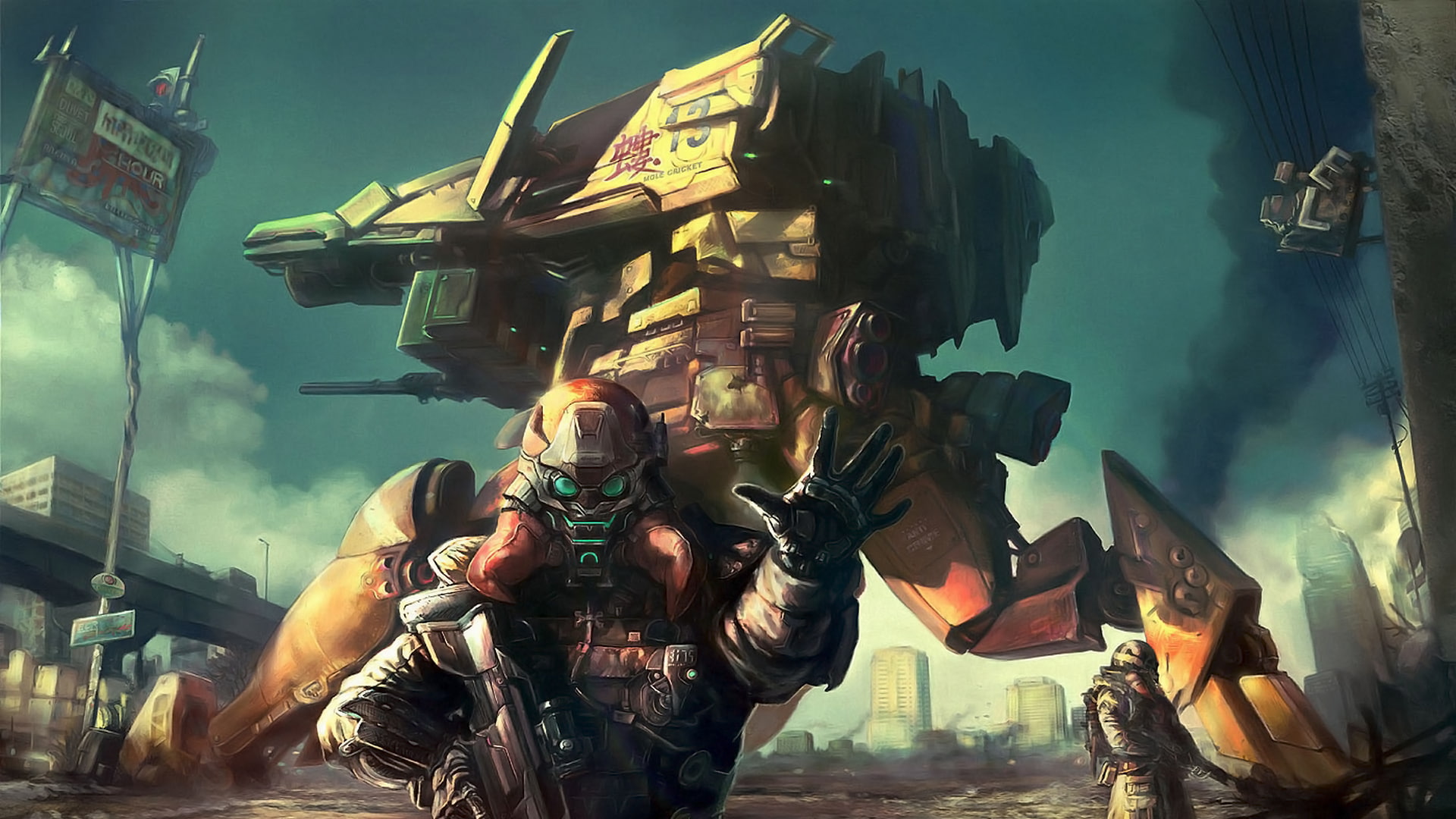 armor, robot, smoke, restricted area, soldiers, weapons, 1080P, HD Wallpaper