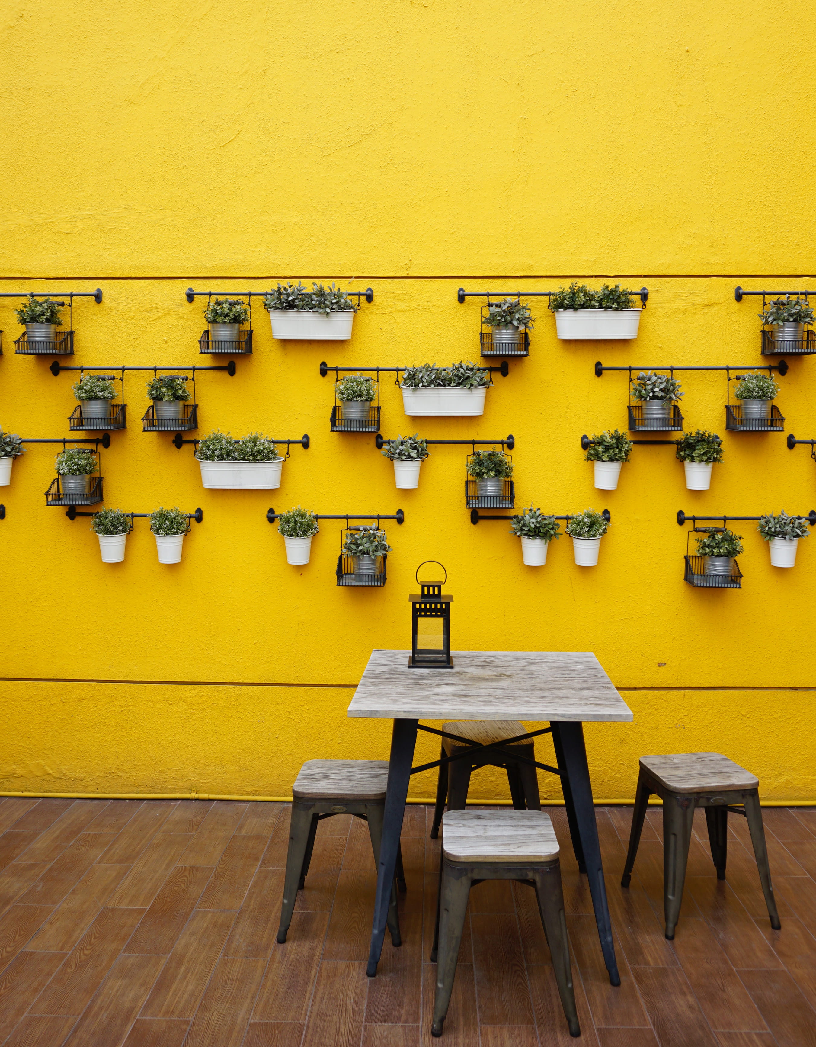table, electricity, plants, wall, flooring, 2K, lantern, indoors, indonesia, yellow, wall - building feature, no people, technology, pots, wood - material, Phone HD Wallpaper