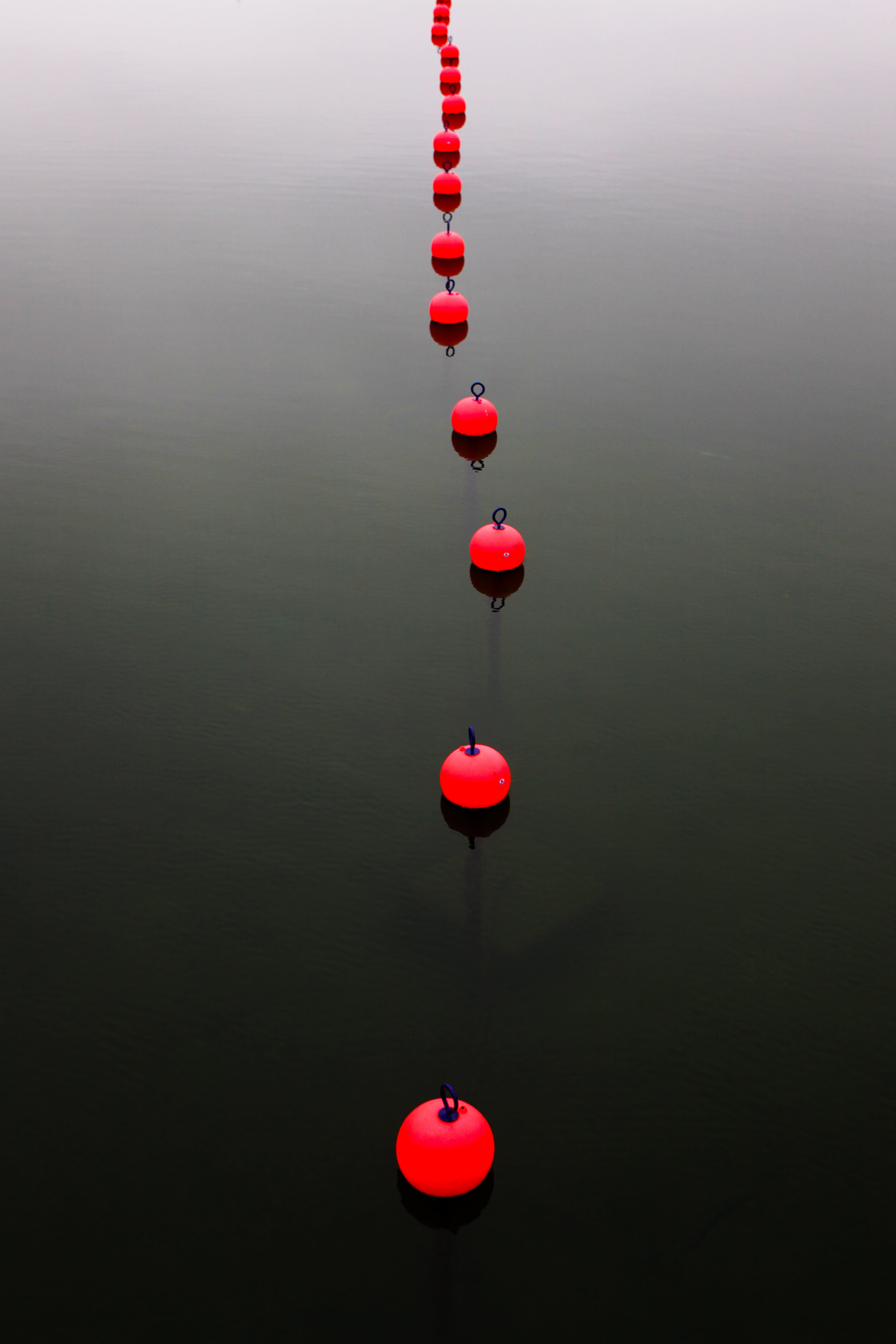 single object, hanging, lake, 5K, outdoors, nature, buoy, red, studio shot, sea, beauty in nature, tranquility, in a row, floating, waterfront, restriction, Phone HD Wallpaper