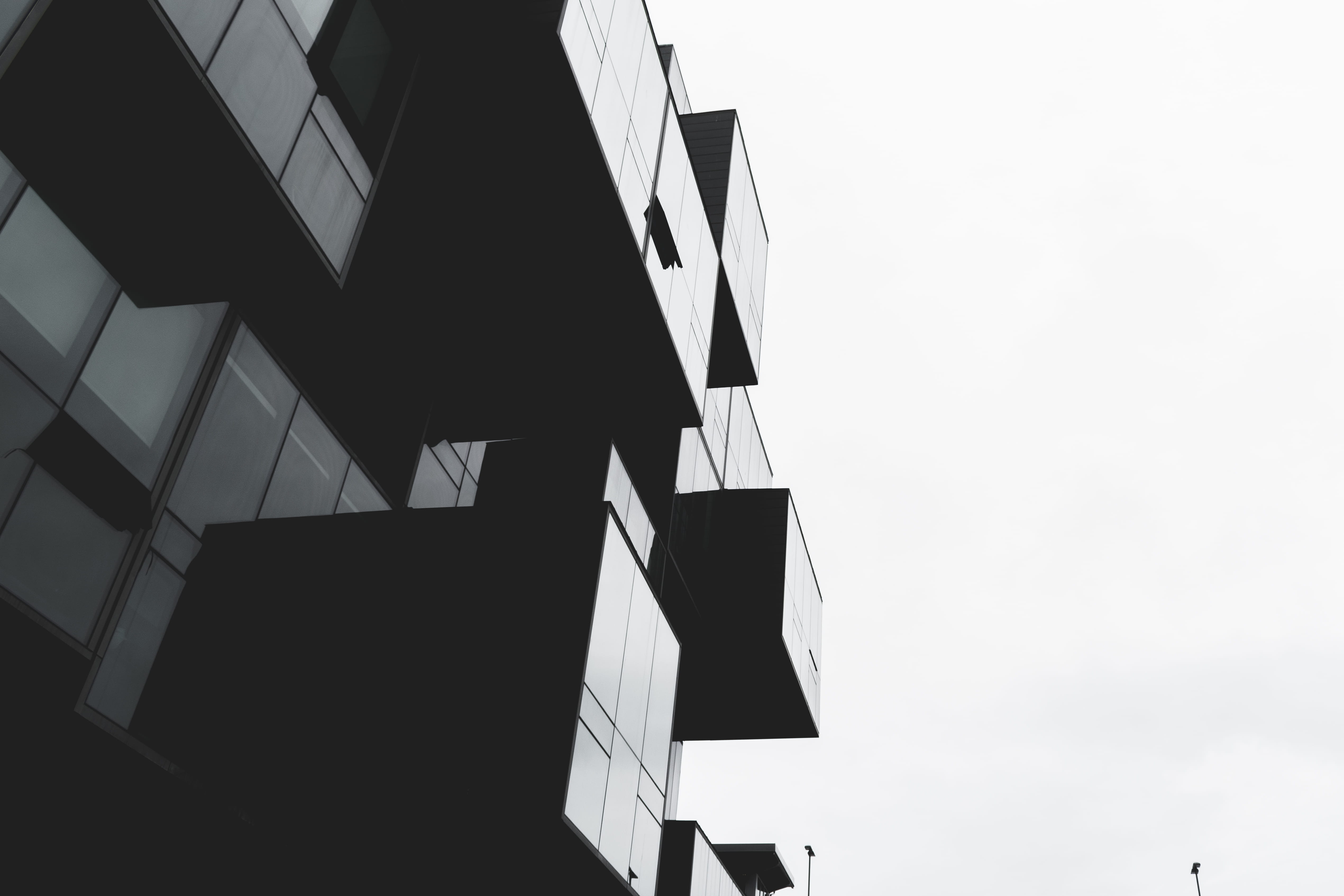 low angle view, glass, windows, vancouver, sunlight, office, modern, sky, futuristic, city, clear sky, day, architecture, ubc, pattern, shades, 4K, no people, HD Wallpaper