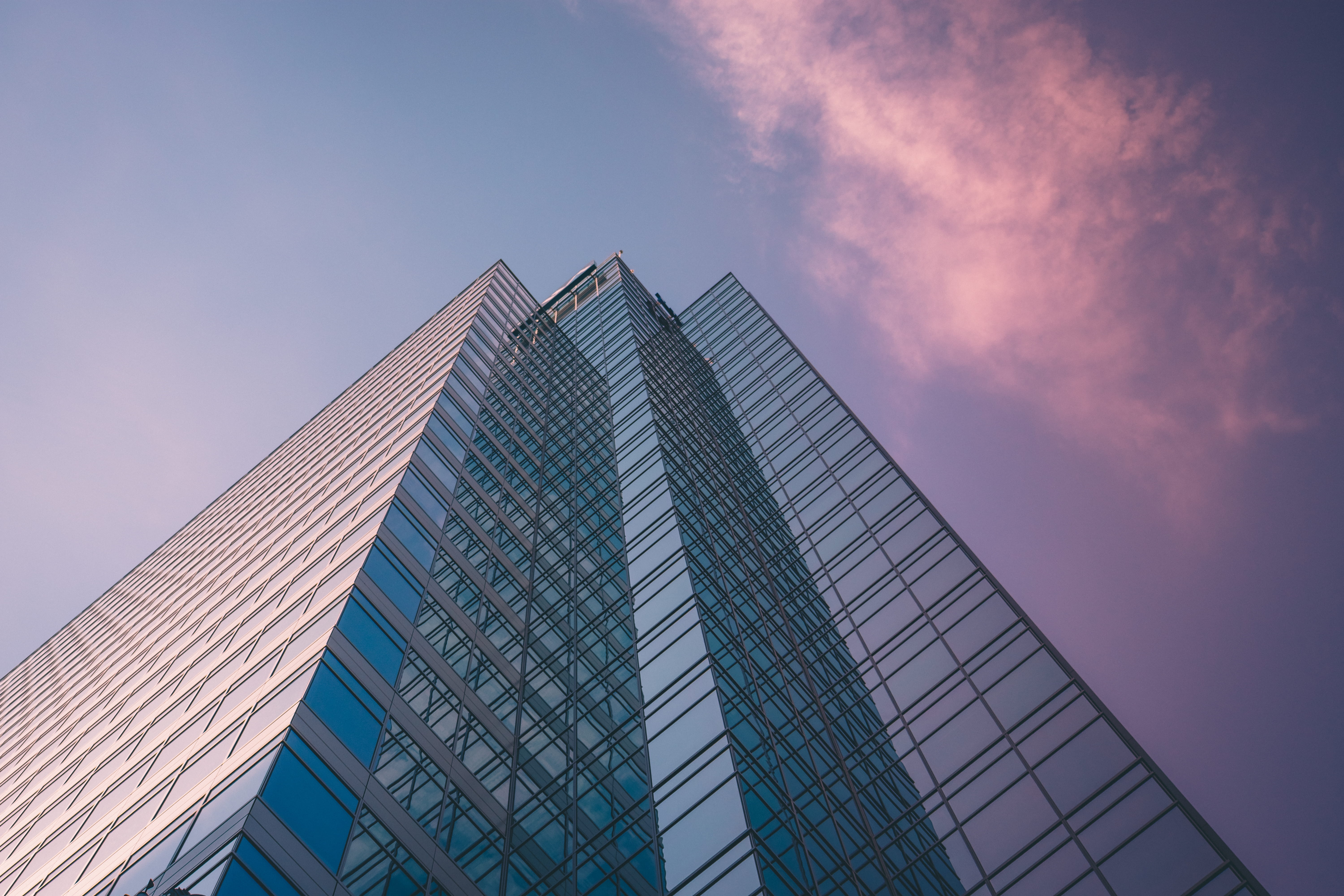 skyscraper, sunset, low angle view, glass - material, nature, clouds, sky, city, day, outdoors, built structure, united states, urban, architectural, angle, HD Wallpaper
