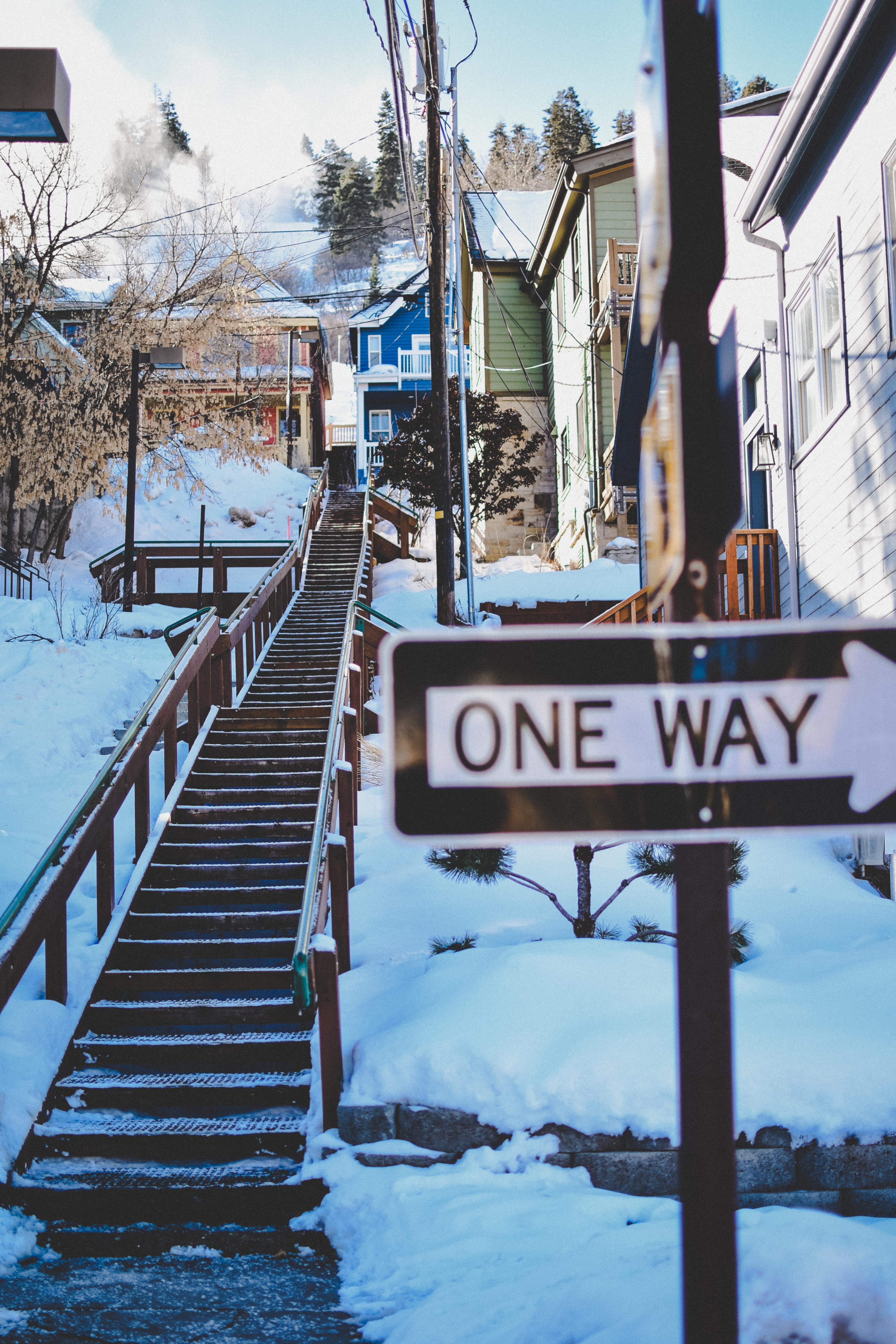 zing, direction, one, winter landscape, outdoors, text, communication, sign, staircase, way, information, daylight, empty, guidance, steps, day, frost, Phone HD Wallpaper