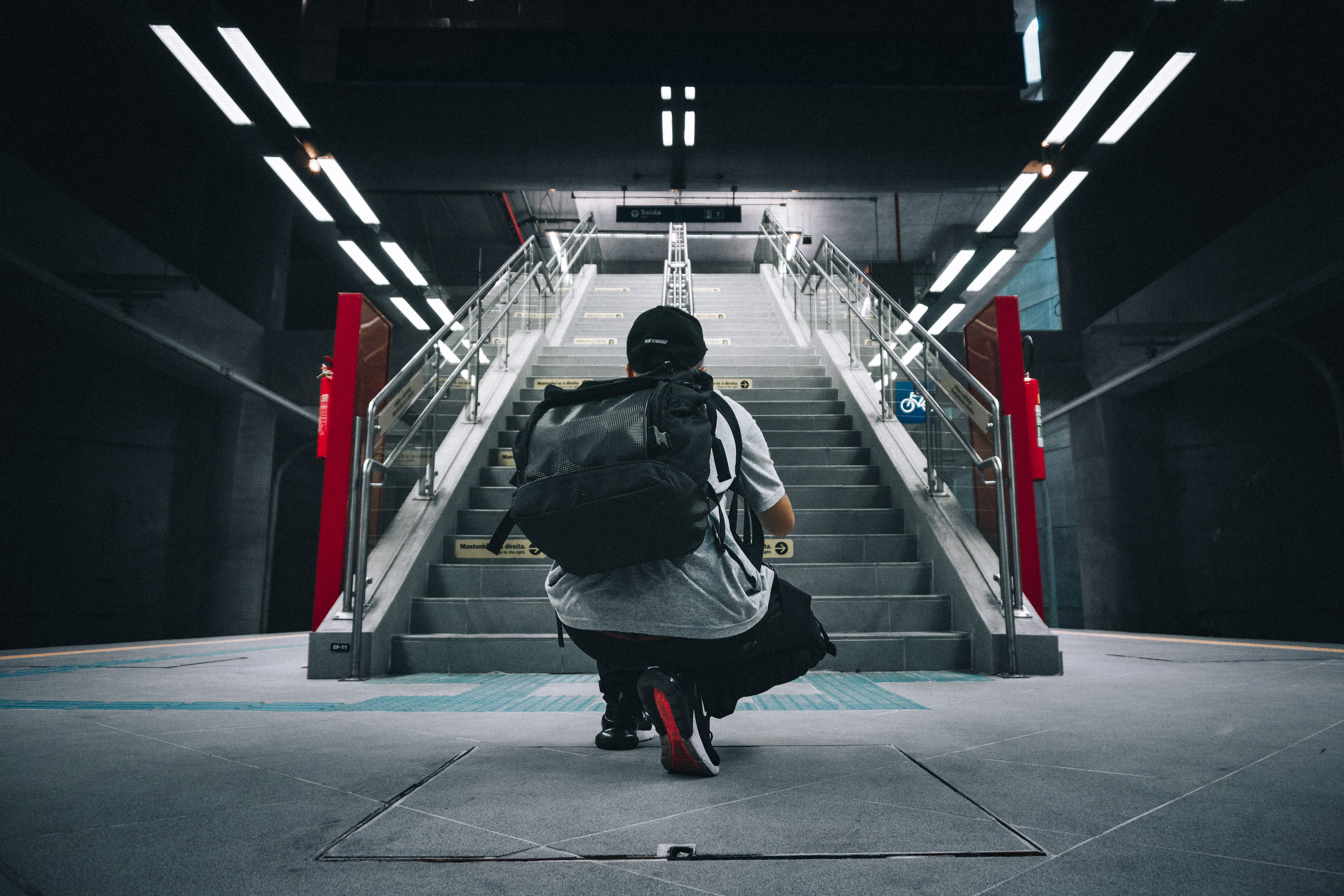 floor, red, rear view, motion, transportation, indoors, hood - clothing, leisure activity, urban photography, urban, wear, steps and staircases, 5K, staircase, HD Wallpaper
