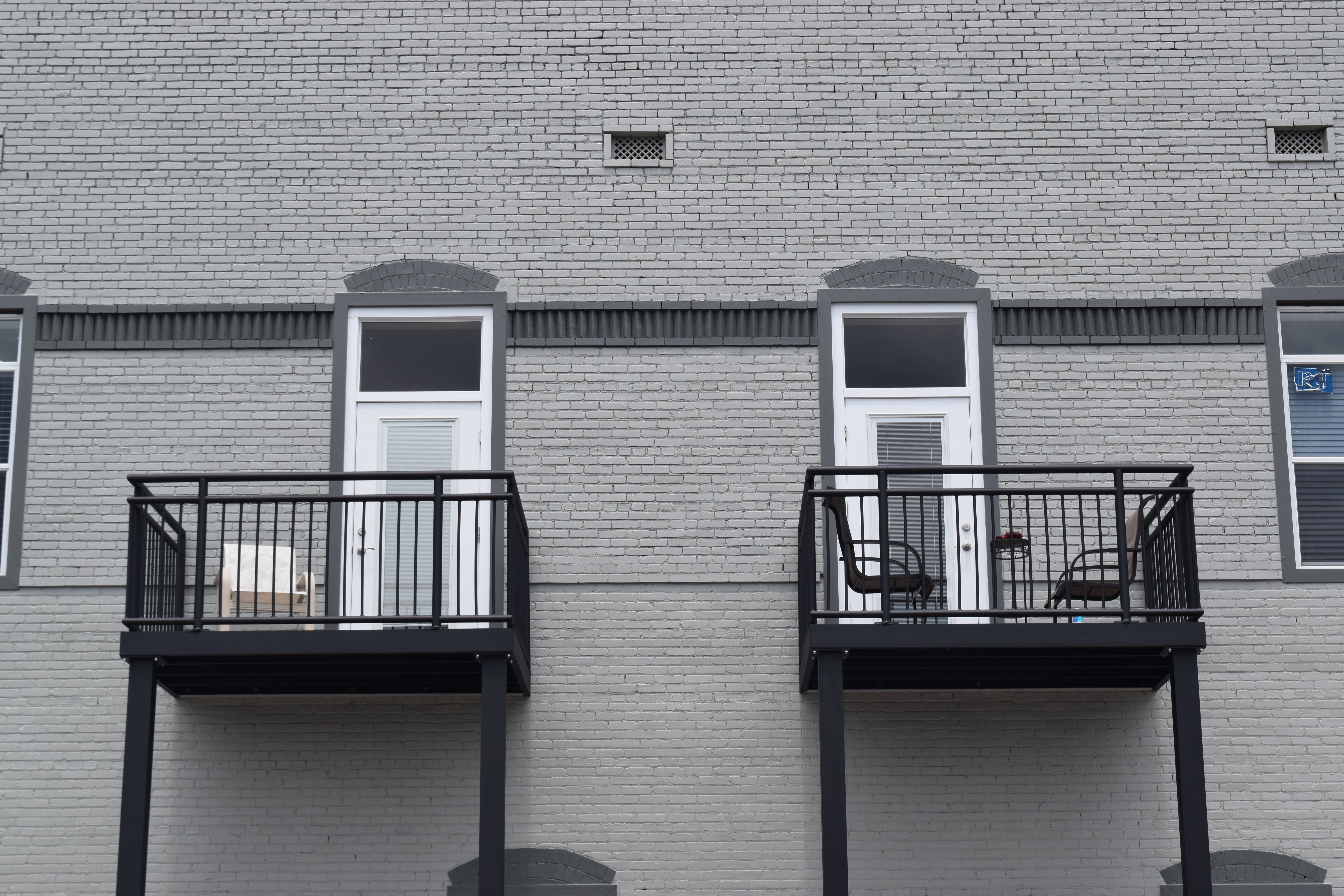no people, upstairs, architecture, built structure, staircase, outdoors, 5K, door, safety, metal, loft, building exterior, entrance, railing, brick, balcony, HD Wallpaper