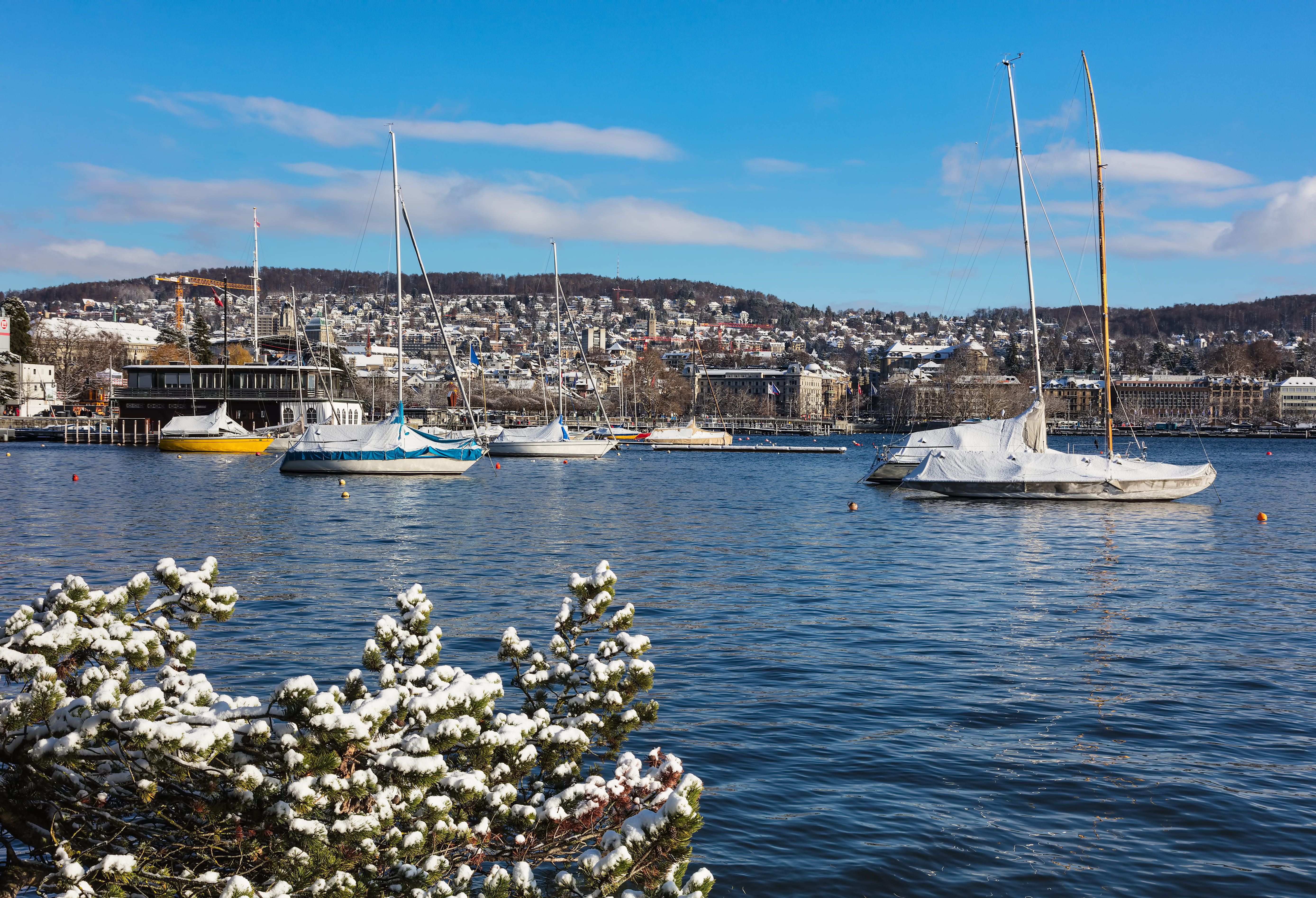 moored, no people, port, nature, mode of transportation, pole, day, building exterior, cloud - sky, switzerland, zürich, waterfront, harbor, anchored, yacht, HD Wallpaper