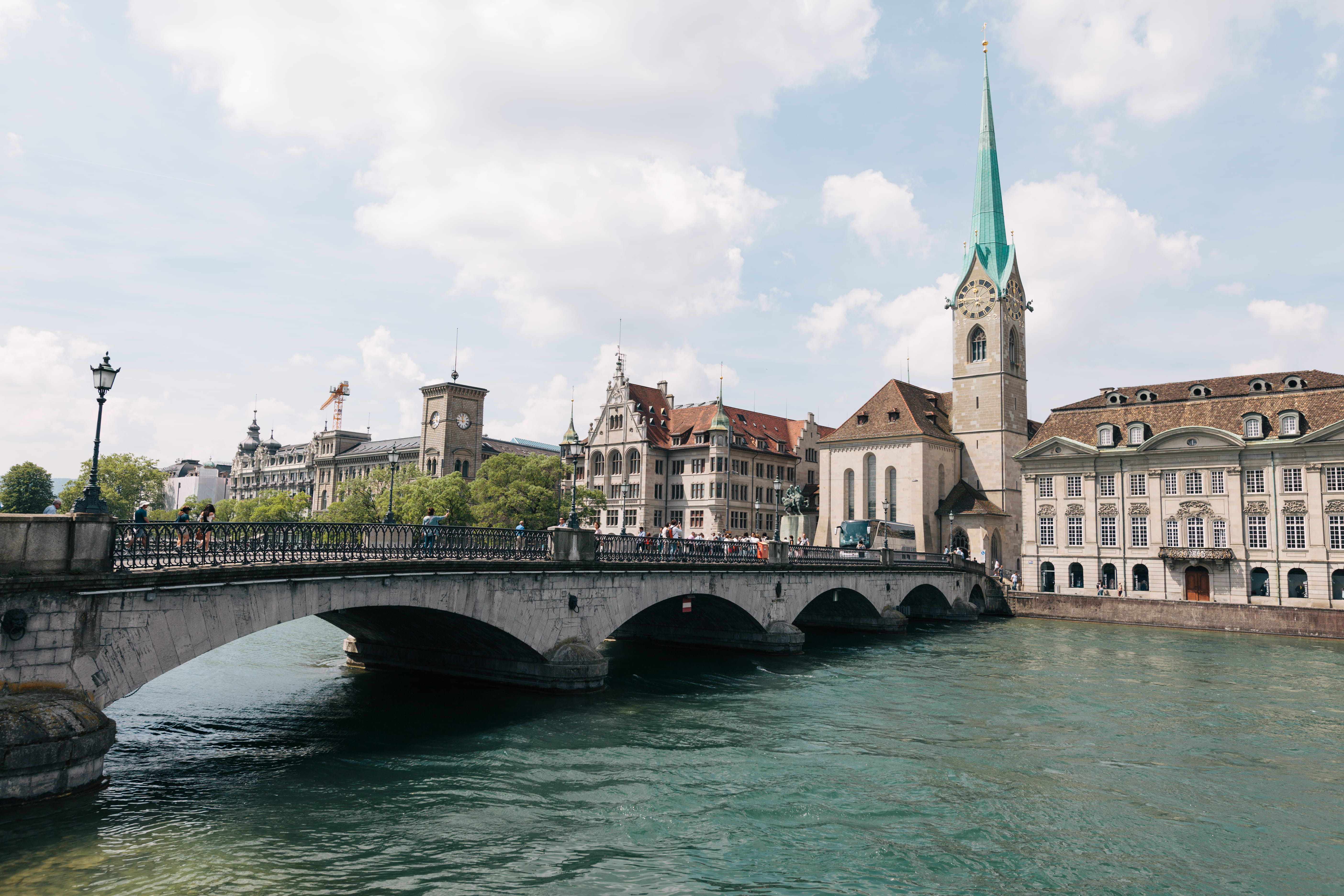 water, cloud - sky, outdoors, connection, no people, zurich, travel, day, tower, sky, limmat, summer, arch bridge, bridge, travel destinations, waterfront, HD Wallpaper