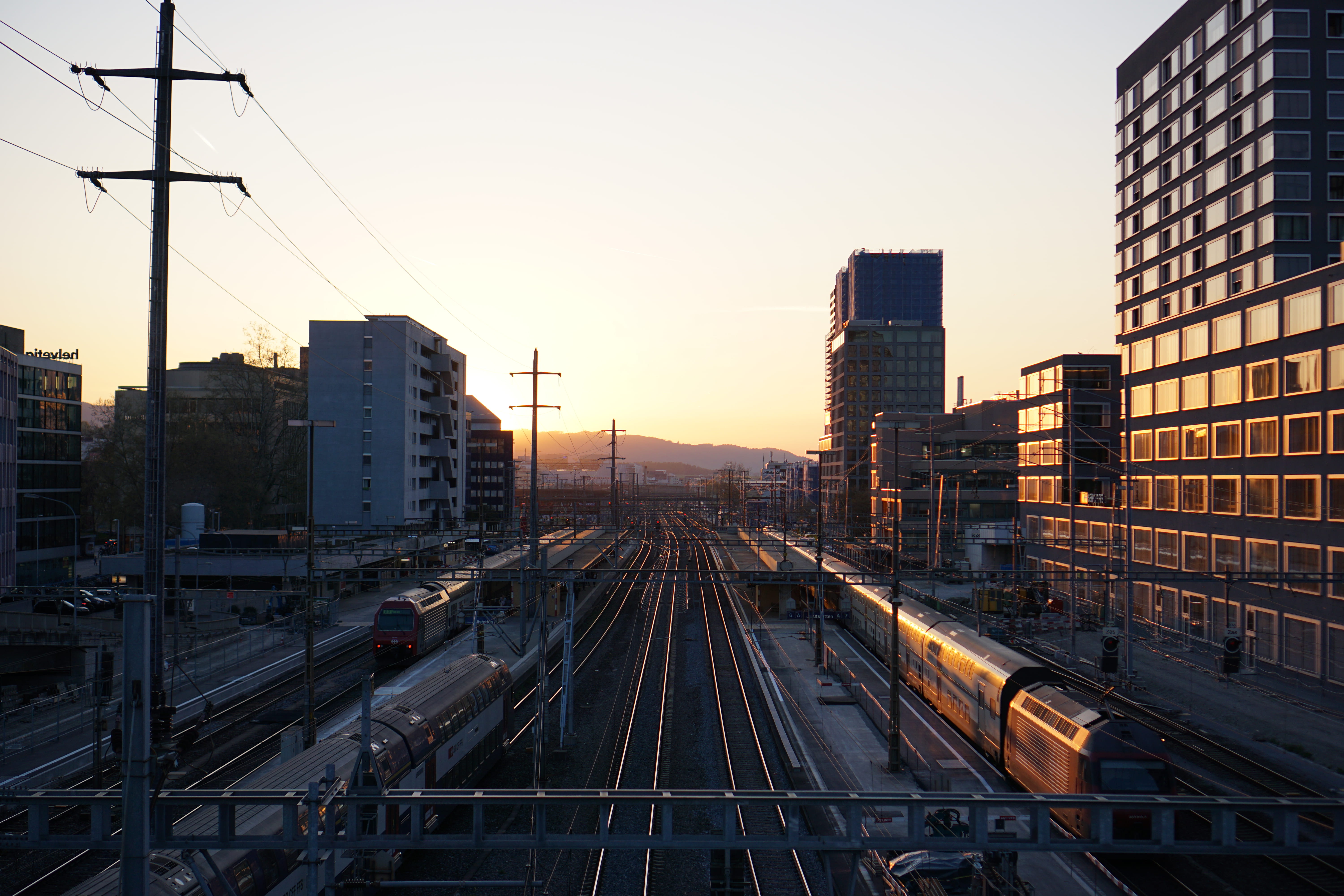 zürich, sky, tracks, office building exterior, zürich altstetten, clear sky, no people, built structure, building exterior, railroad track, mode of transportation, HD Wallpaper