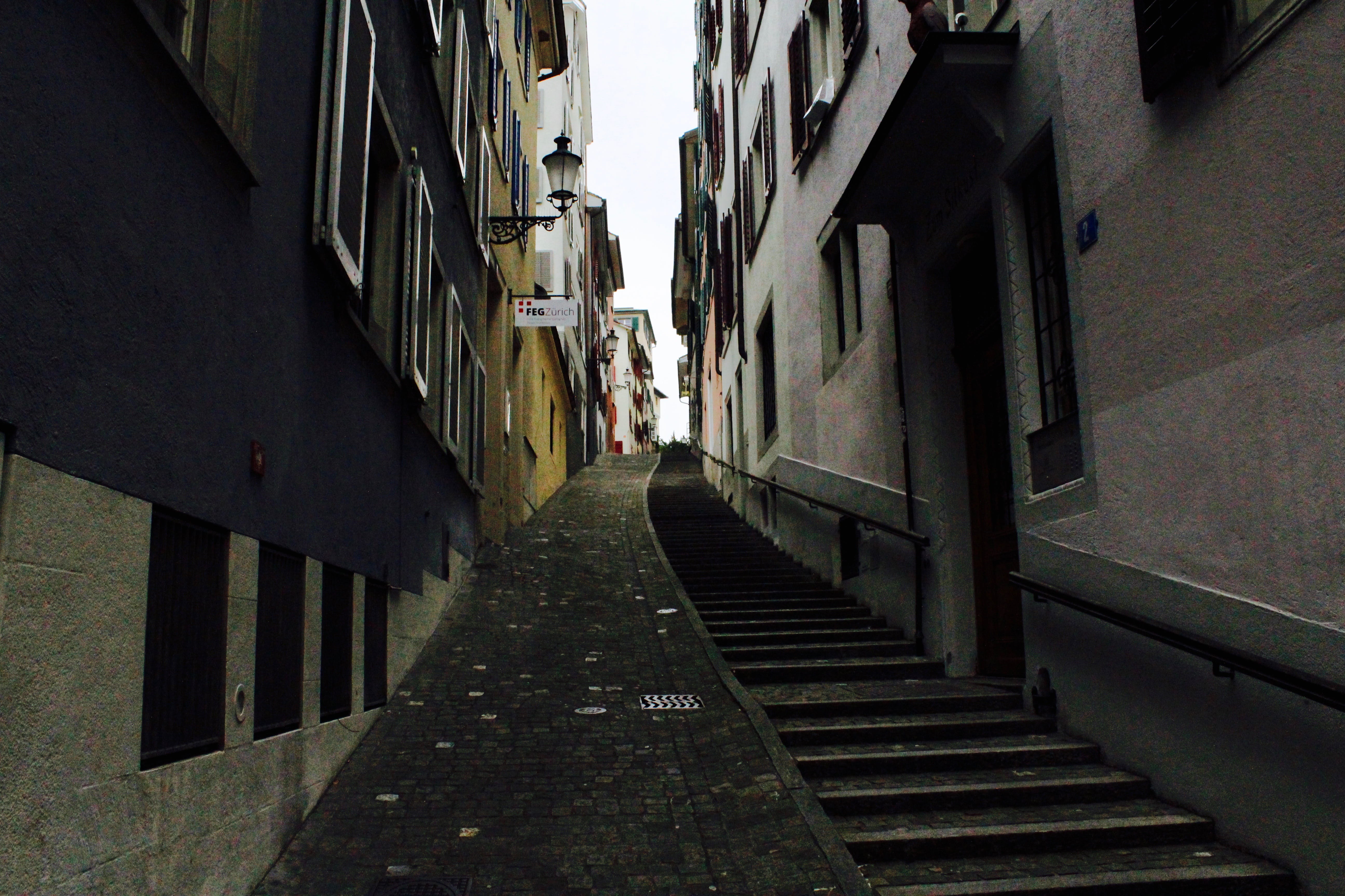 city, outdoors, building exterior, zurich, residential district, alley, old town, direction, staircase, diminishing perspective, zürich, architecture, day, HD Wallpaper