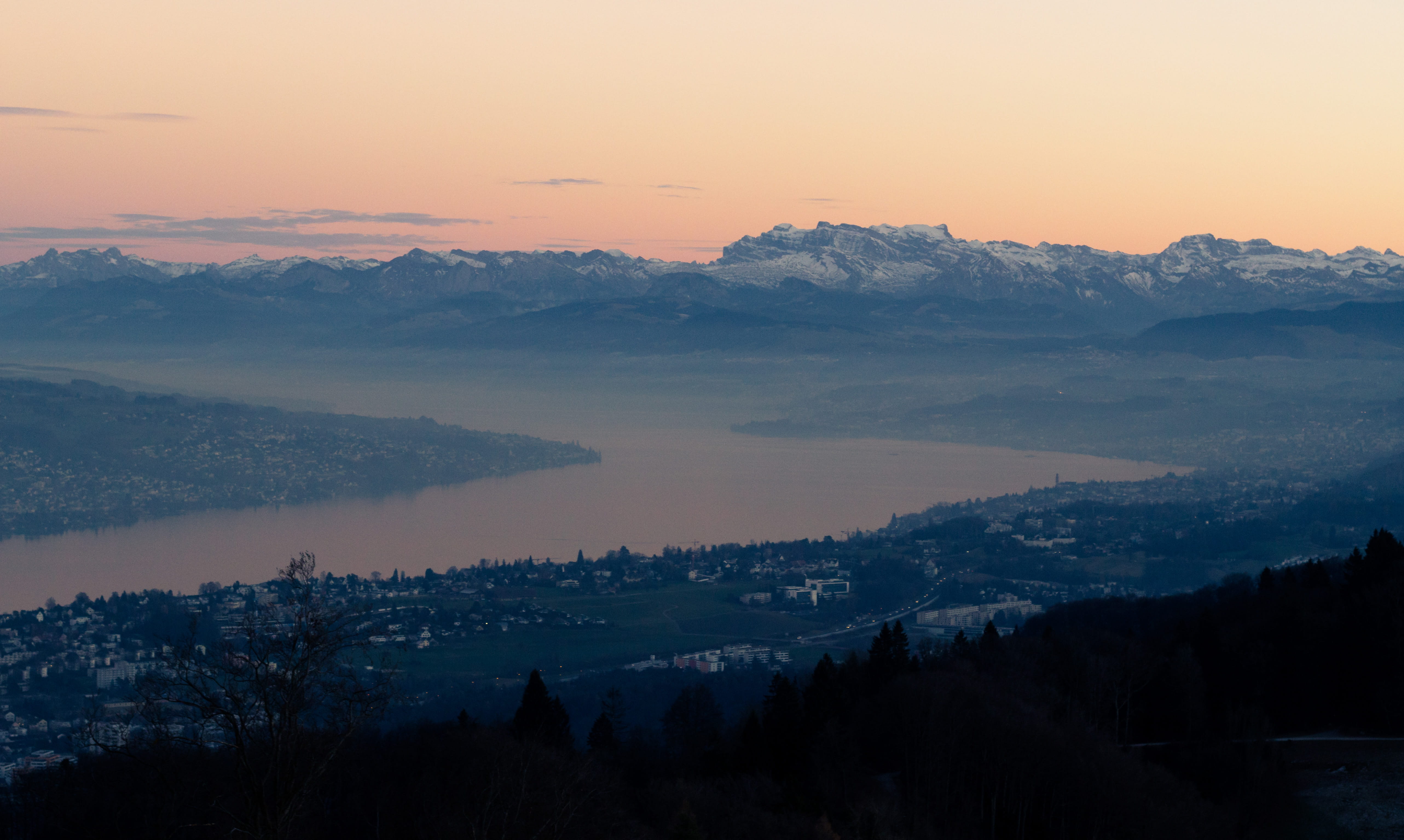 switzerland, outdoors, 5K, tree, silhouette, non-urban scene, zürich, mountain range, nature, sky, tranquil scene, panorama, no people, sunset, lake, orange color, HD Wallpaper