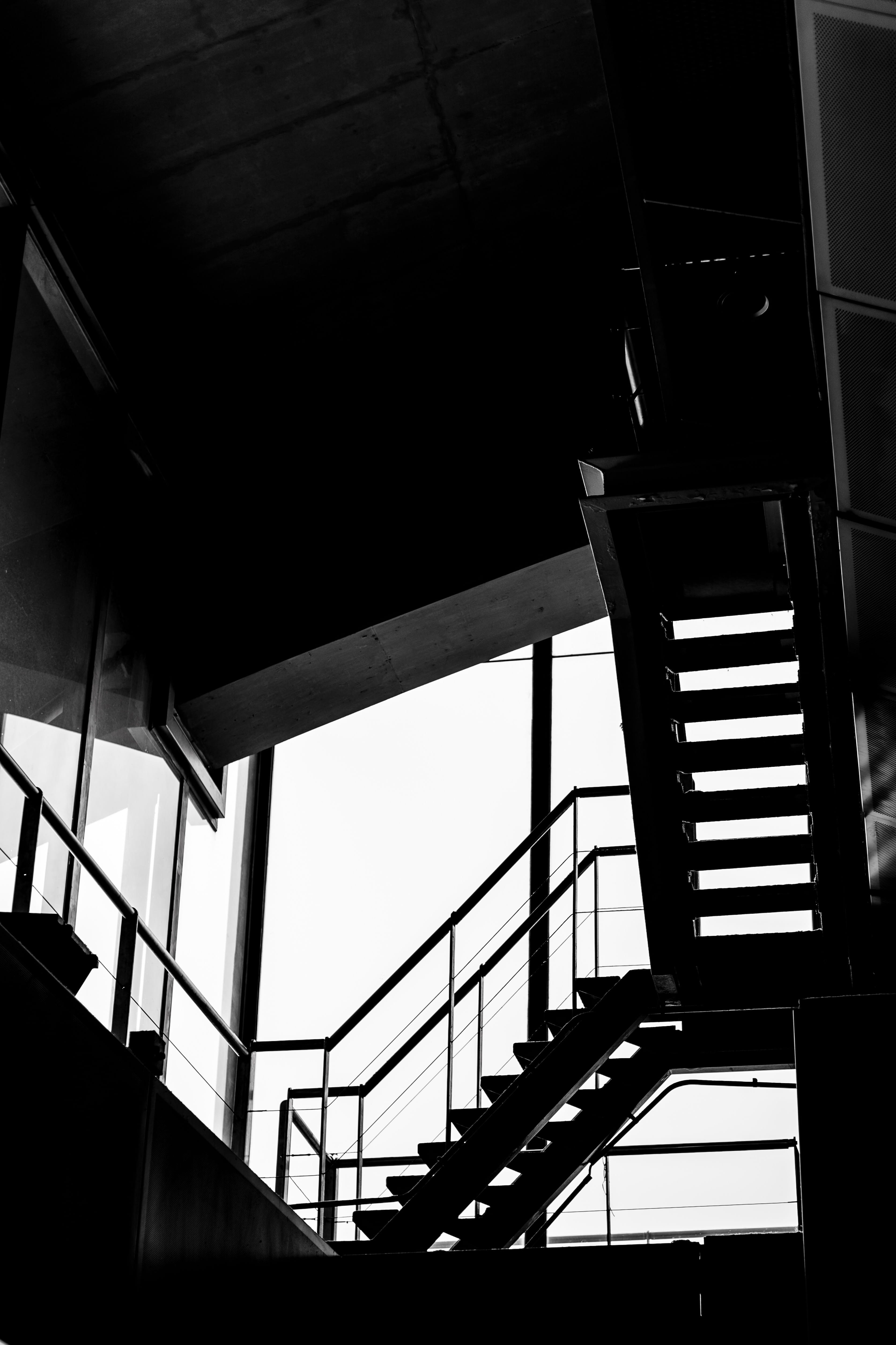 ceiling, banister, nature, architecture, monochrome, staies, poles, low angle view, jar, wall - building feature, sky, photography, 4K, railing, silhouette, Phone HD Wallpaper