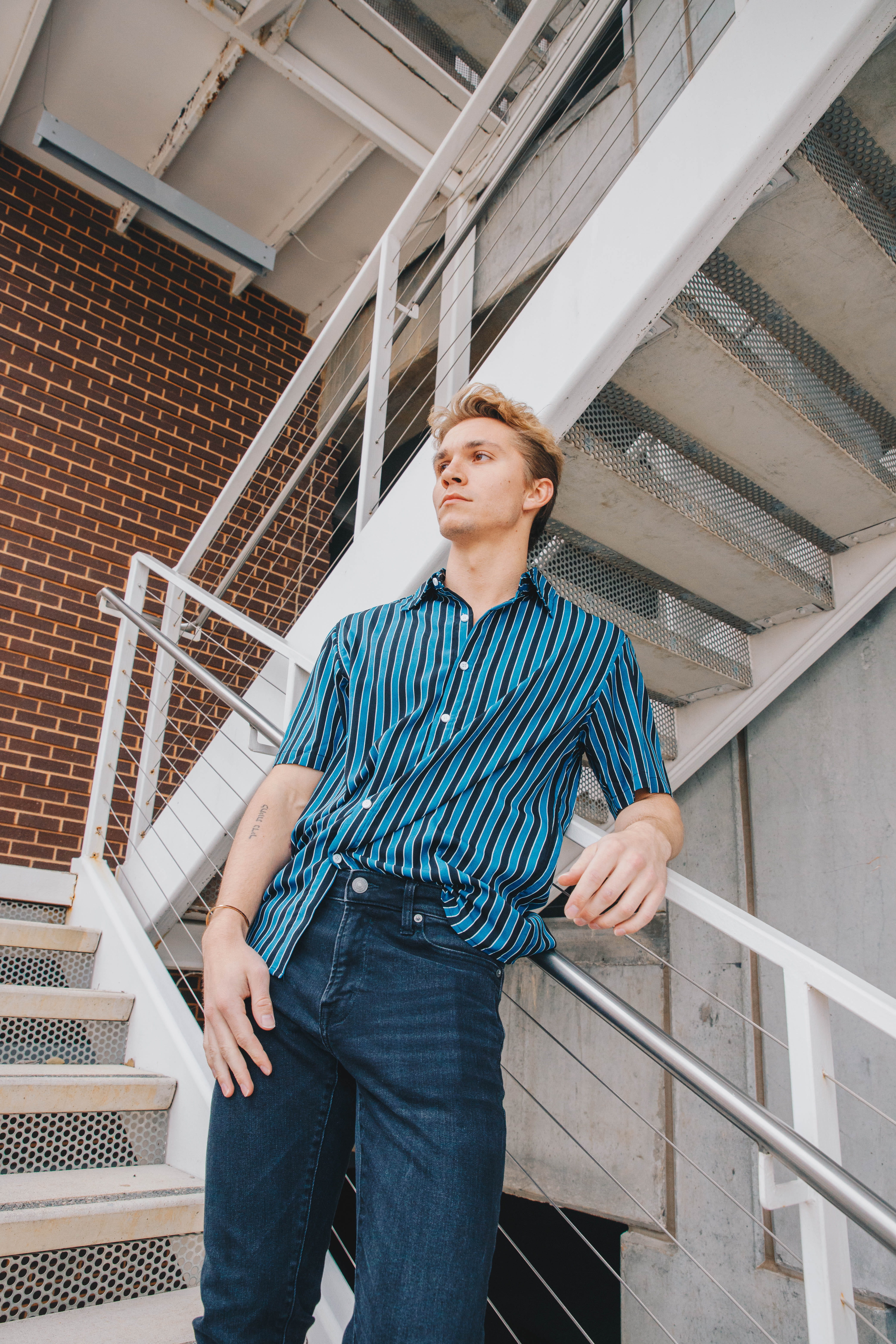 button, stairway, front view, one person, human, linen, shirt, young men, jeans, person, accessories, blouse, leaning, young adult, denim, sleeve, home decor, Phone HD Wallpaper