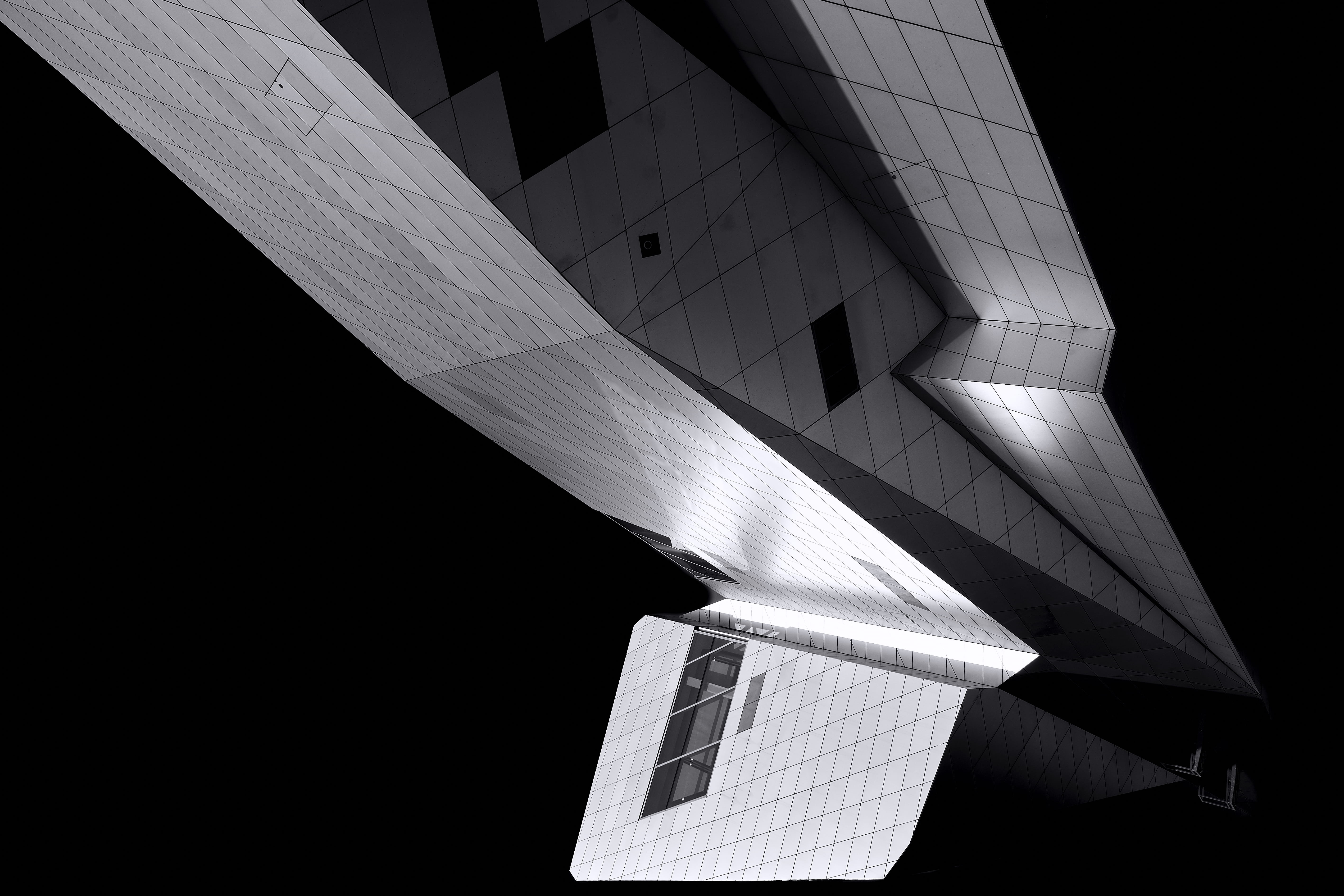 city, geometric, outdoors, building exterior, photo, low angle view, build, town, abstract, no people, design, sun, light, lyon, built structure, musée des confluences, HD Wallpaper