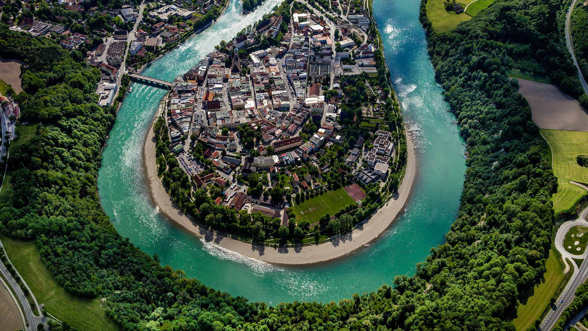 buildings, brown, Bayern, Germany, 1080P, landscape, Wasserburg am Inn, Inn, panorama, home, gray, river, HD Wallpaper