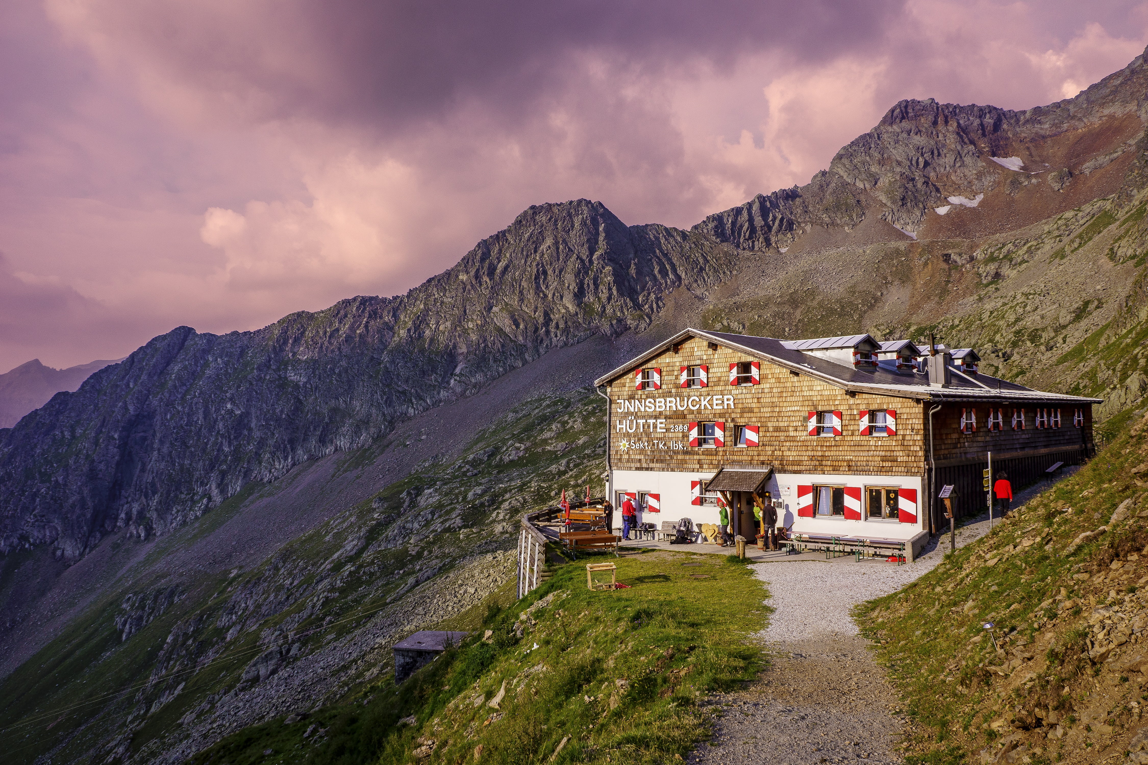 environment, architecture, scenics, inn, mountain range, innsbrucker hut, cloud - sky, no people, mountain, travel destinations, house, dramatic sky, clouds, HD Wallpaper