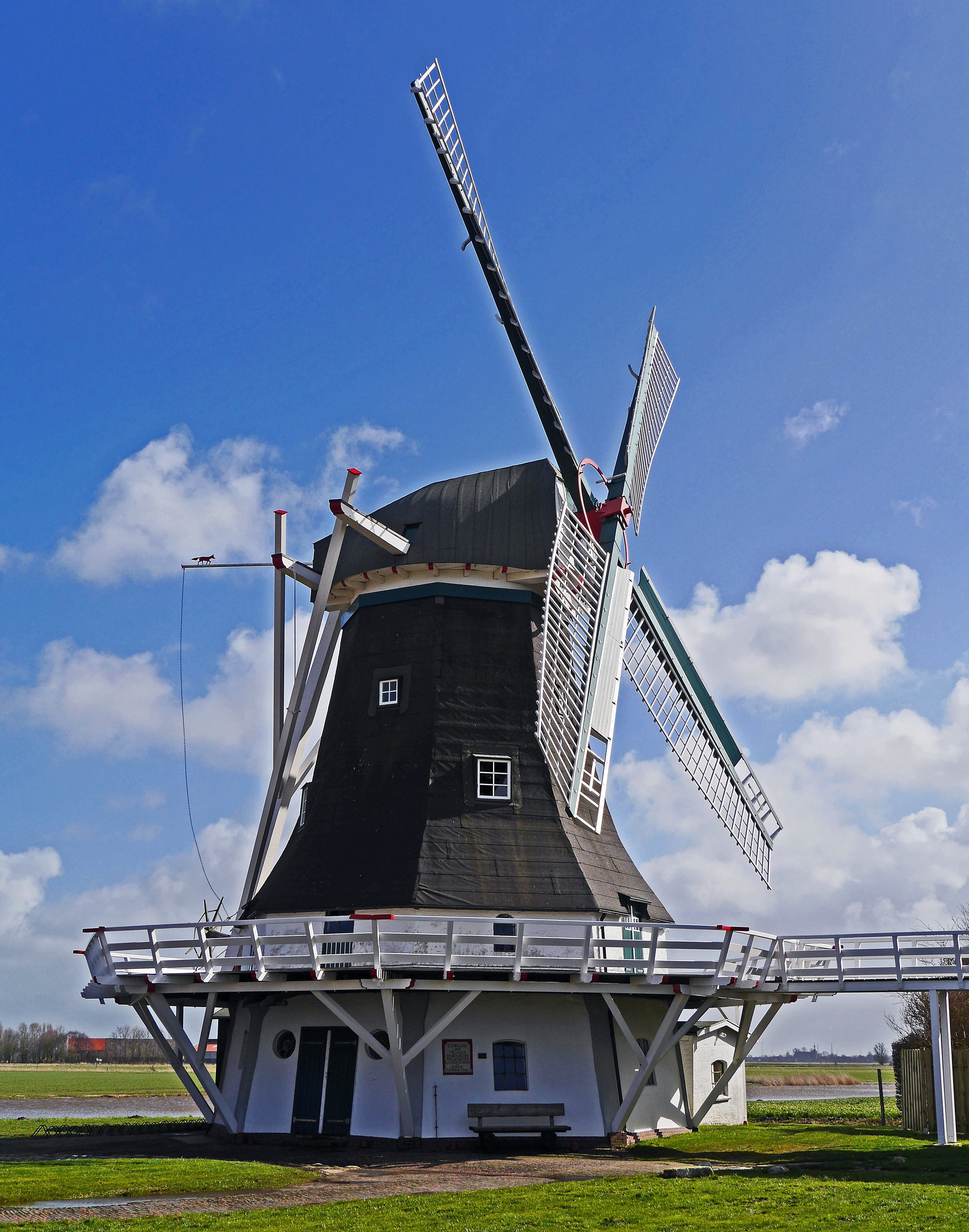 day, blue sky, environmental conservation, environment, daytime, built structure, alternative energy, wooden, turbine, windmill, wooden railings, clouds, Phone HD Wallpaper
