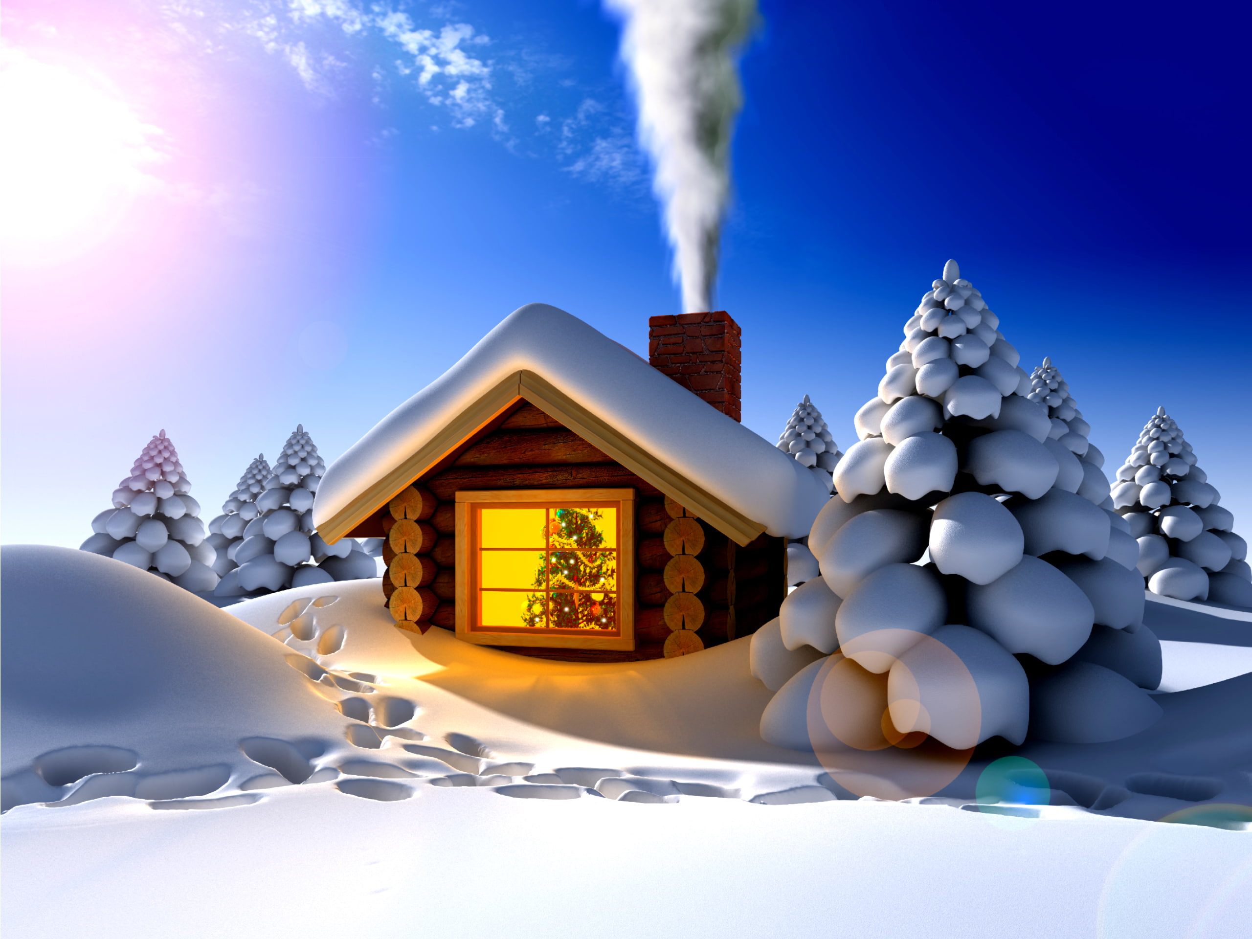 Cabin, Snow, Christmas, 2K, Smoke, Tree, 3D, Window, Holiday, Winter, HD Wallpaper