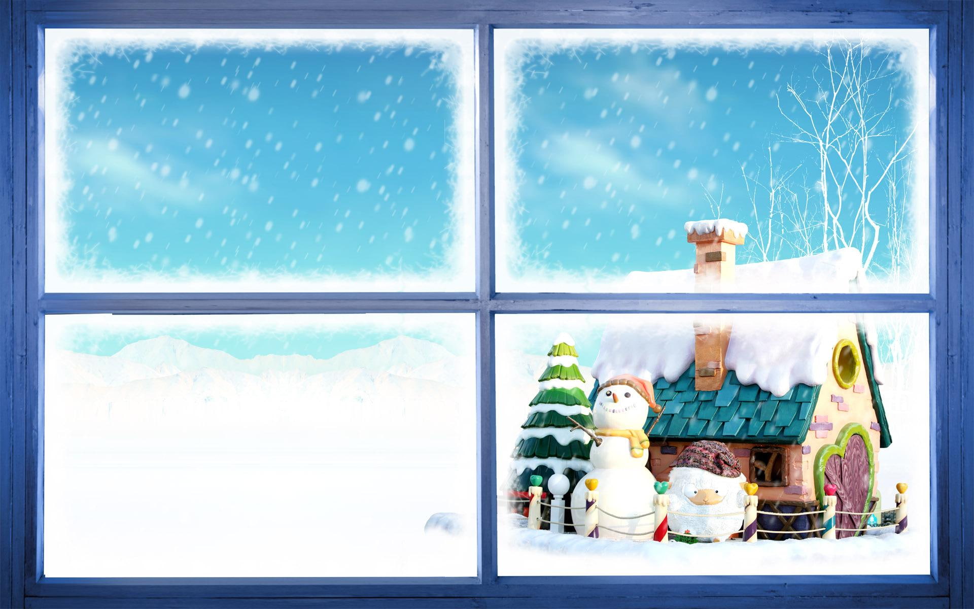 winter, snow, 3d and abstract, christmas, holiday, window, new year, 1080P, HD Wallpaper