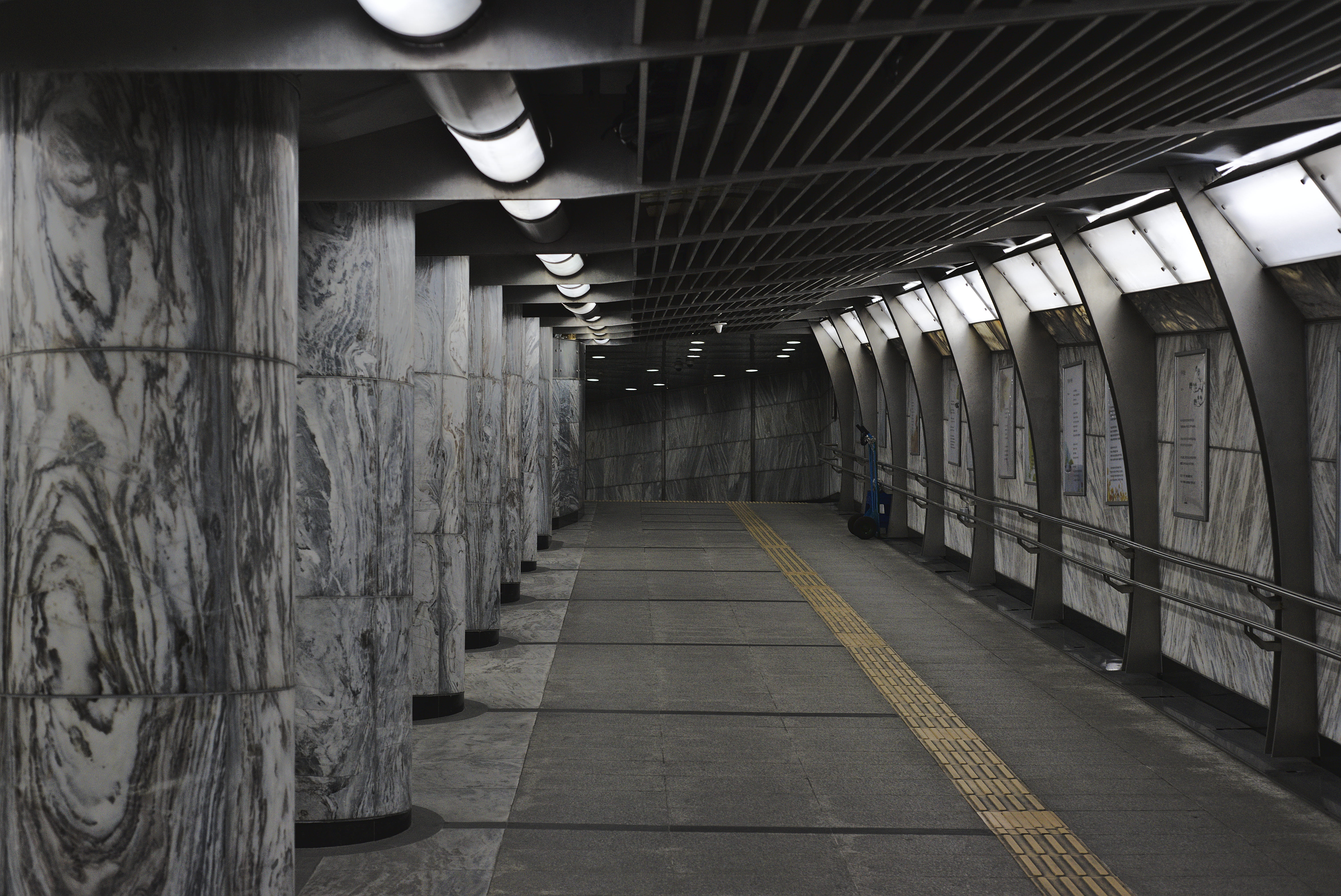 seoul, rail transportation, terminal, underground walkway, hardhat, crypt, pavement, clothing, ceiling, track, fluorescent light, flooring, grey, empty, HD Wallpaper